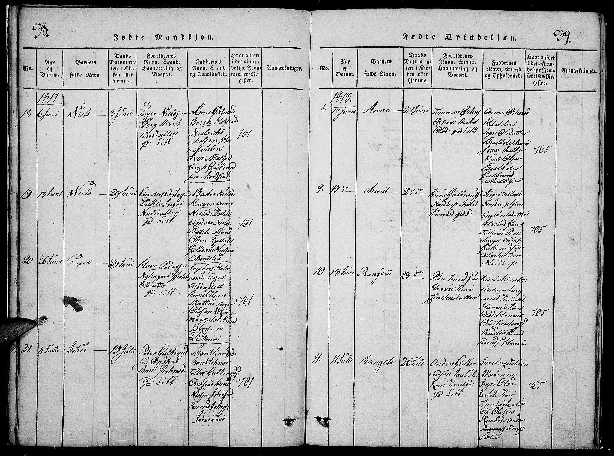 Slidre prestekontor, AV/SAH-PREST-134/H/Ha/Hab/L0002: Parish register (copy) no. 2, 1814-1839, p. 38-39