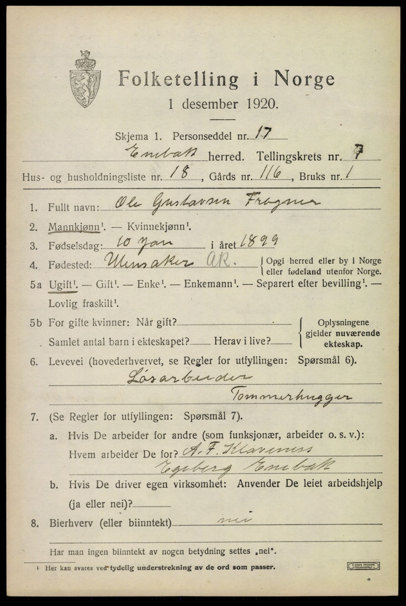 SAO, 1920 census for Enebakk, 1920, p. 6317