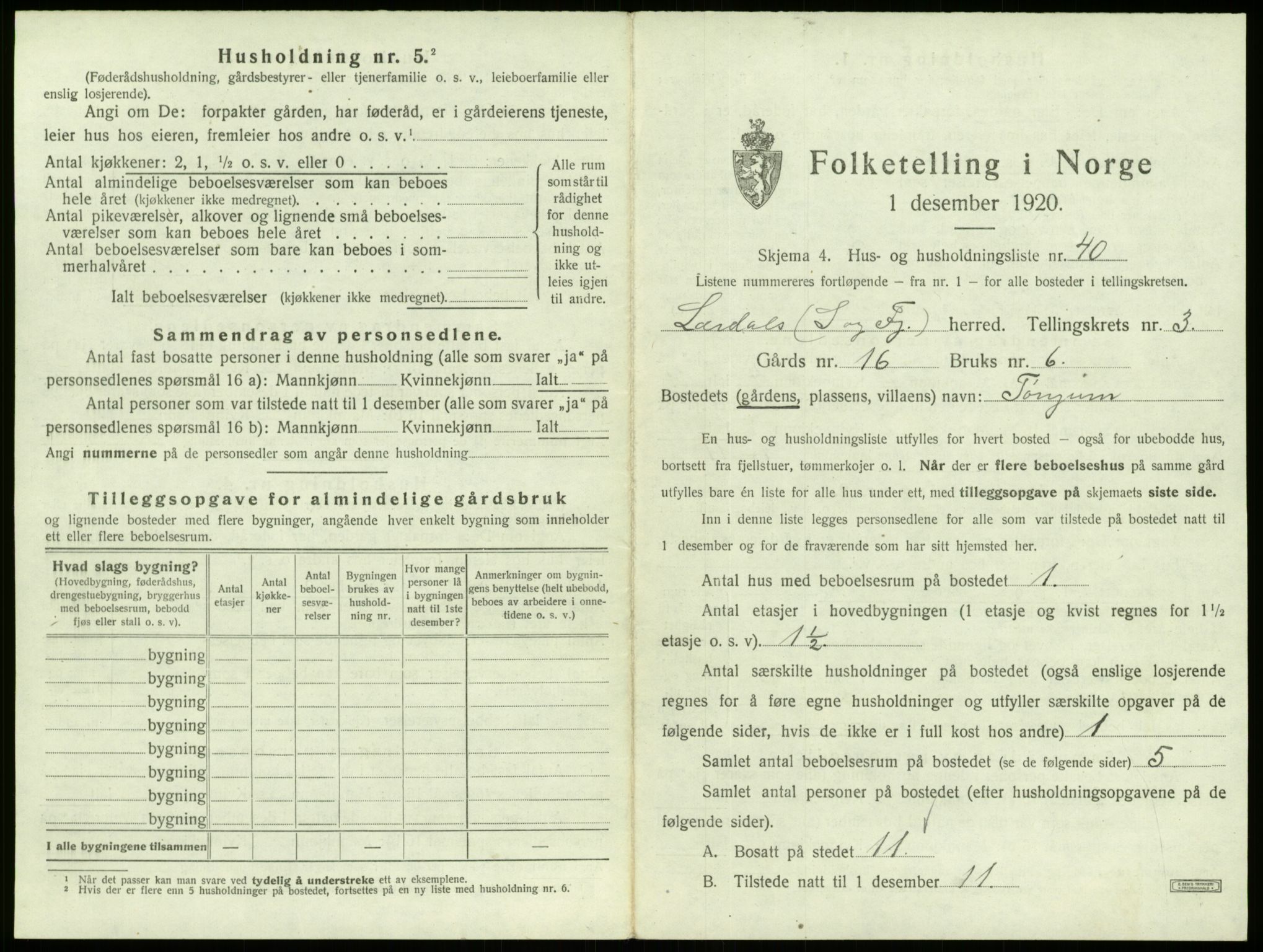 SAB, 1920 census for Lærdal, 1920, p. 295