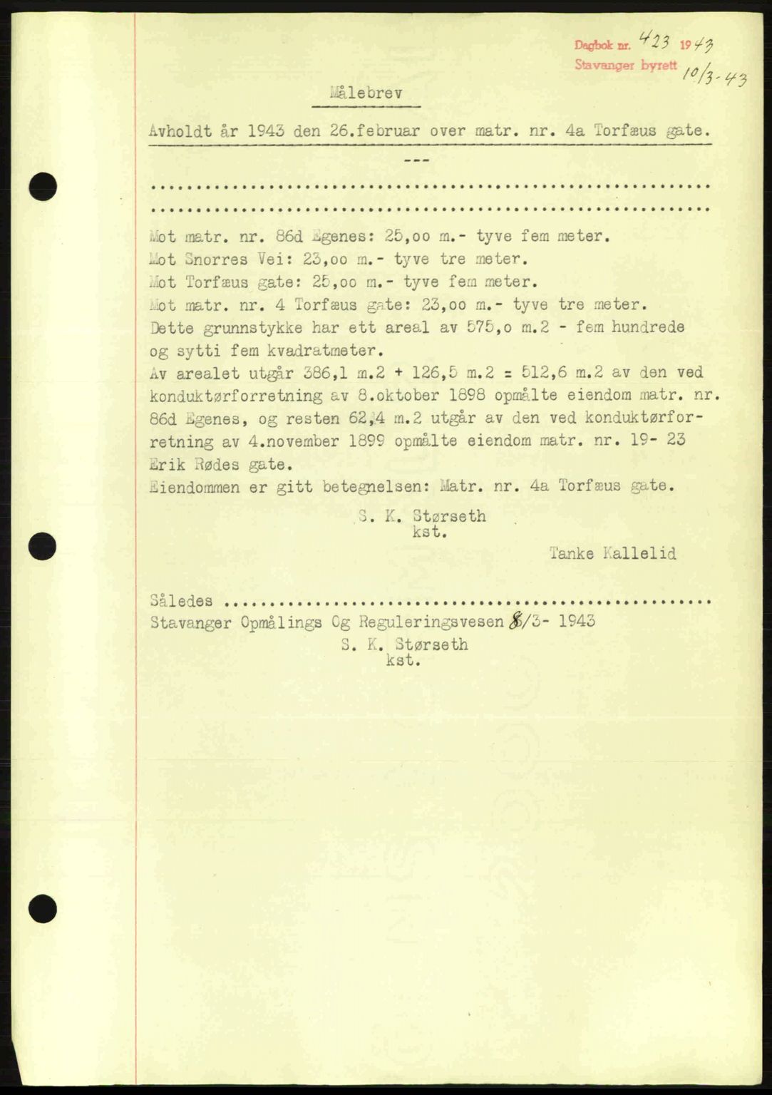 Stavanger byrett, SAST/A-100455/002/G/Gb/L0017: Mortgage book no. A7, 1941-1943, Diary no: : 423/1943