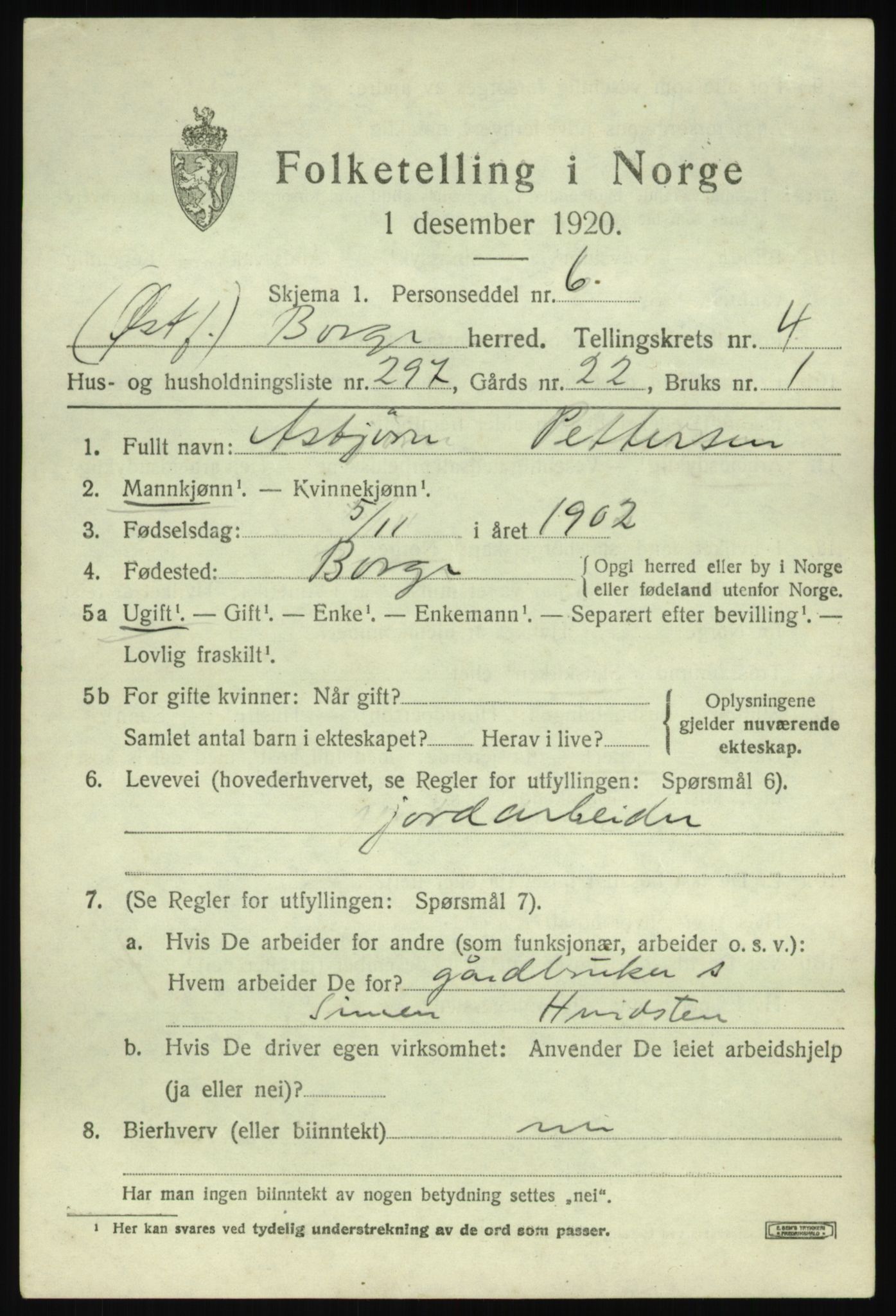 SAO, 1920 census for Borge, 1920, p. 11903