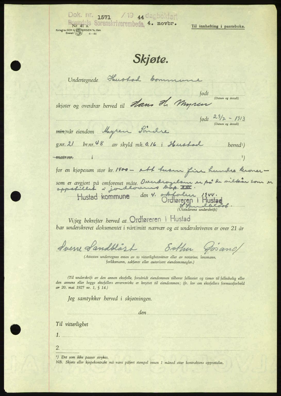 Romsdal sorenskriveri, AV/SAT-A-4149/1/2/2C: Mortgage book no. A17, 1944-1945, Diary no: : 1571/1944