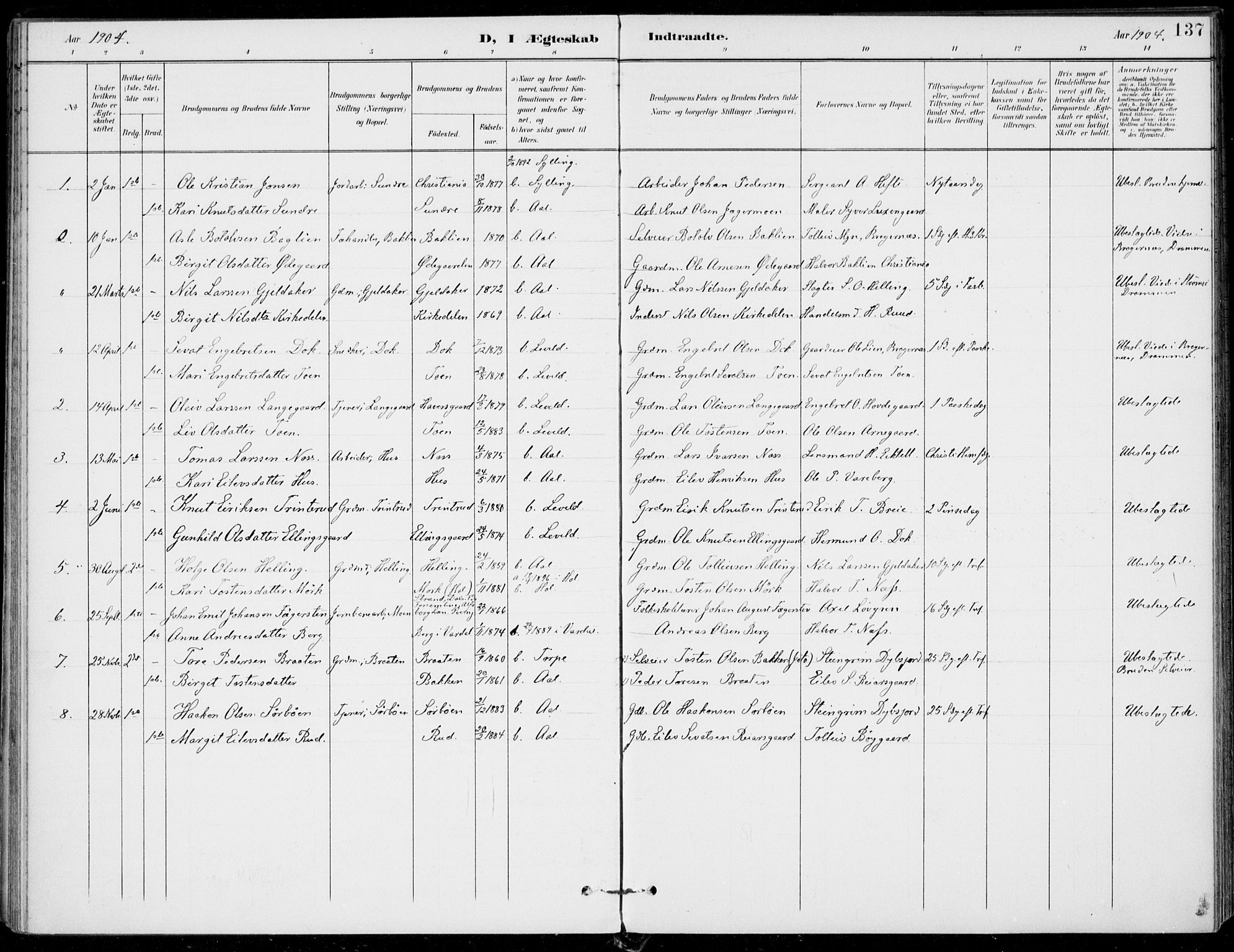 Ål kirkebøker, SAKO/A-249/F/Fa/L0009: Parish register (official) no. I 9, 1897-1915, p. 137