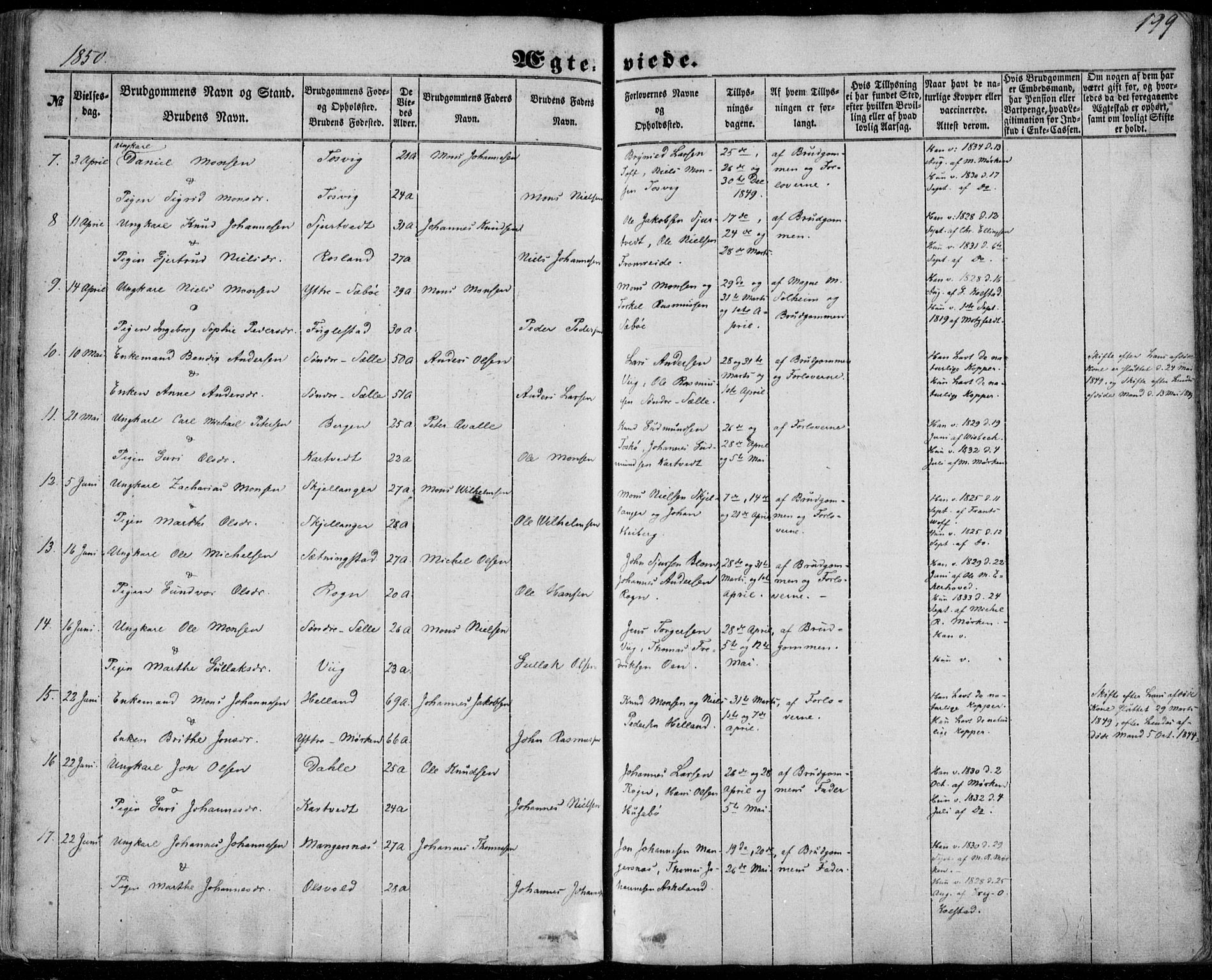 Manger sokneprestembete, SAB/A-76801/H/Haa: Parish register (official) no. A 6, 1849-1859, p. 199