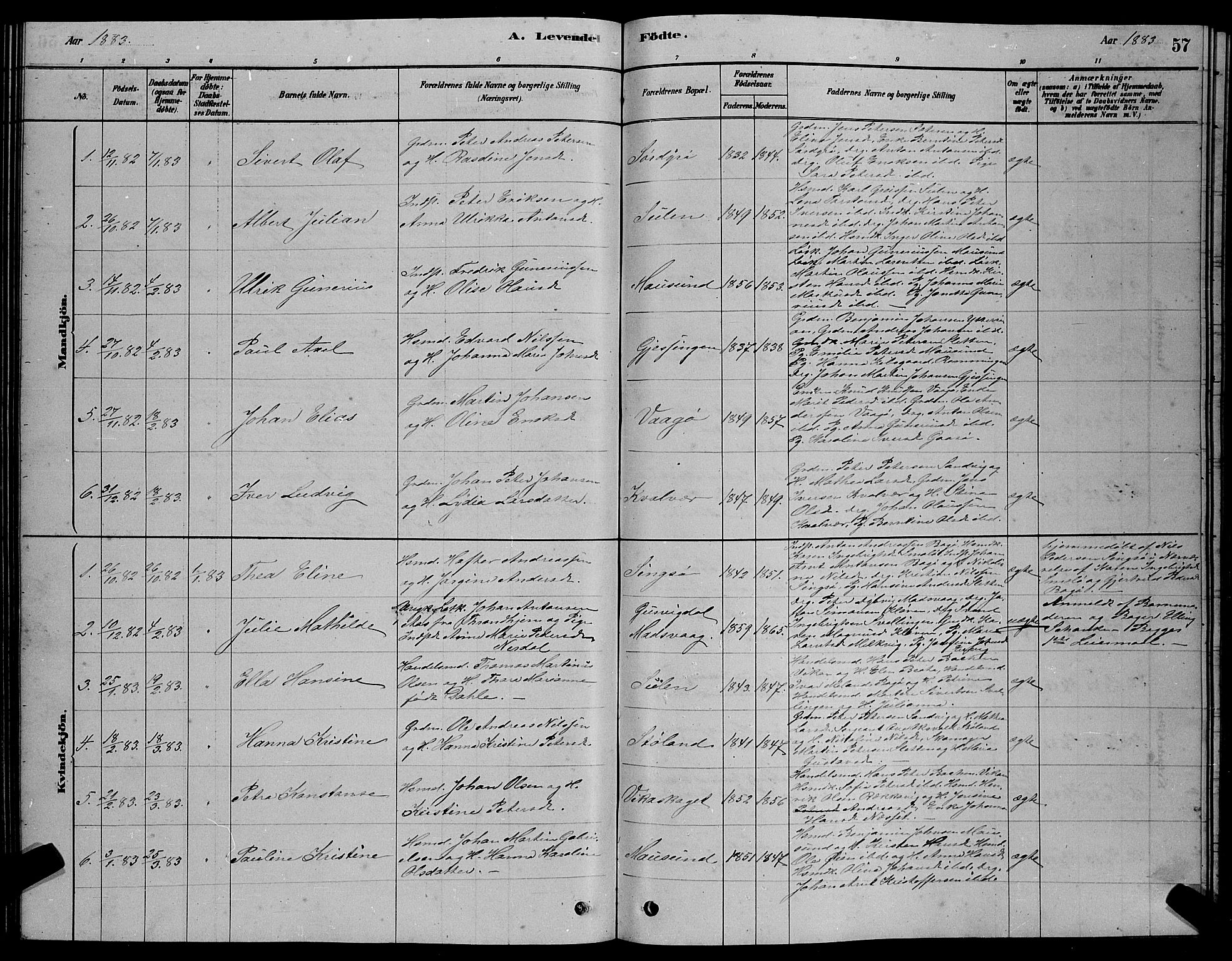 Ministerialprotokoller, klokkerbøker og fødselsregistre - Sør-Trøndelag, SAT/A-1456/640/L0585: Parish register (copy) no. 640C03, 1878-1891, p. 57