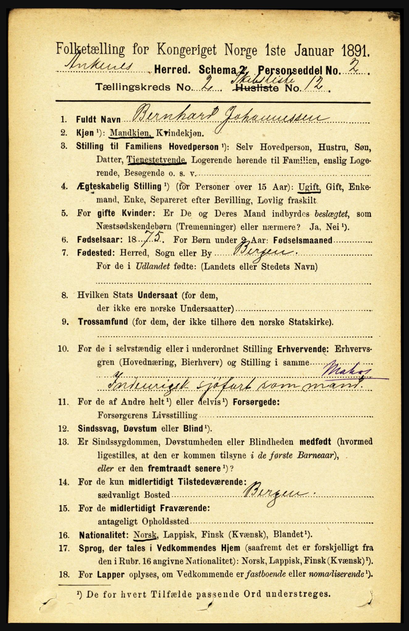 RA, 1891 census for 1855 Ankenes, 1891, p. 1457