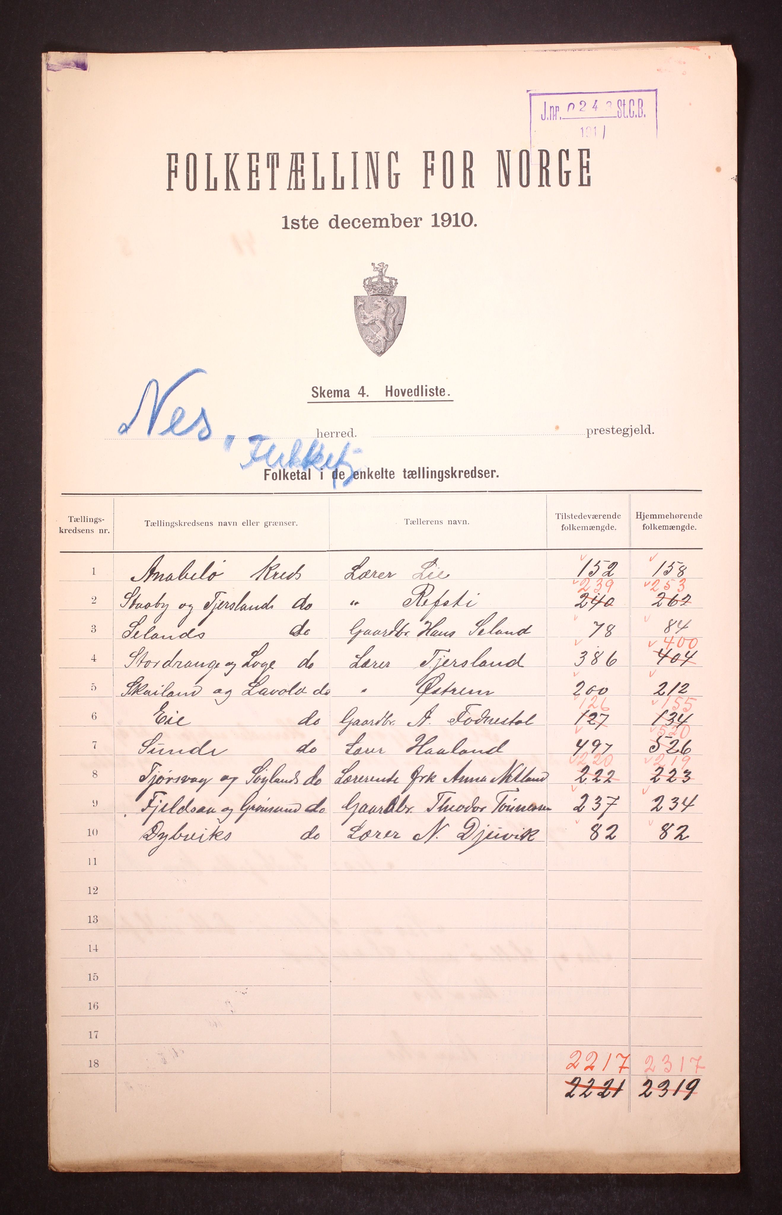 RA, 1910 census for Nes, 1910, p. 2