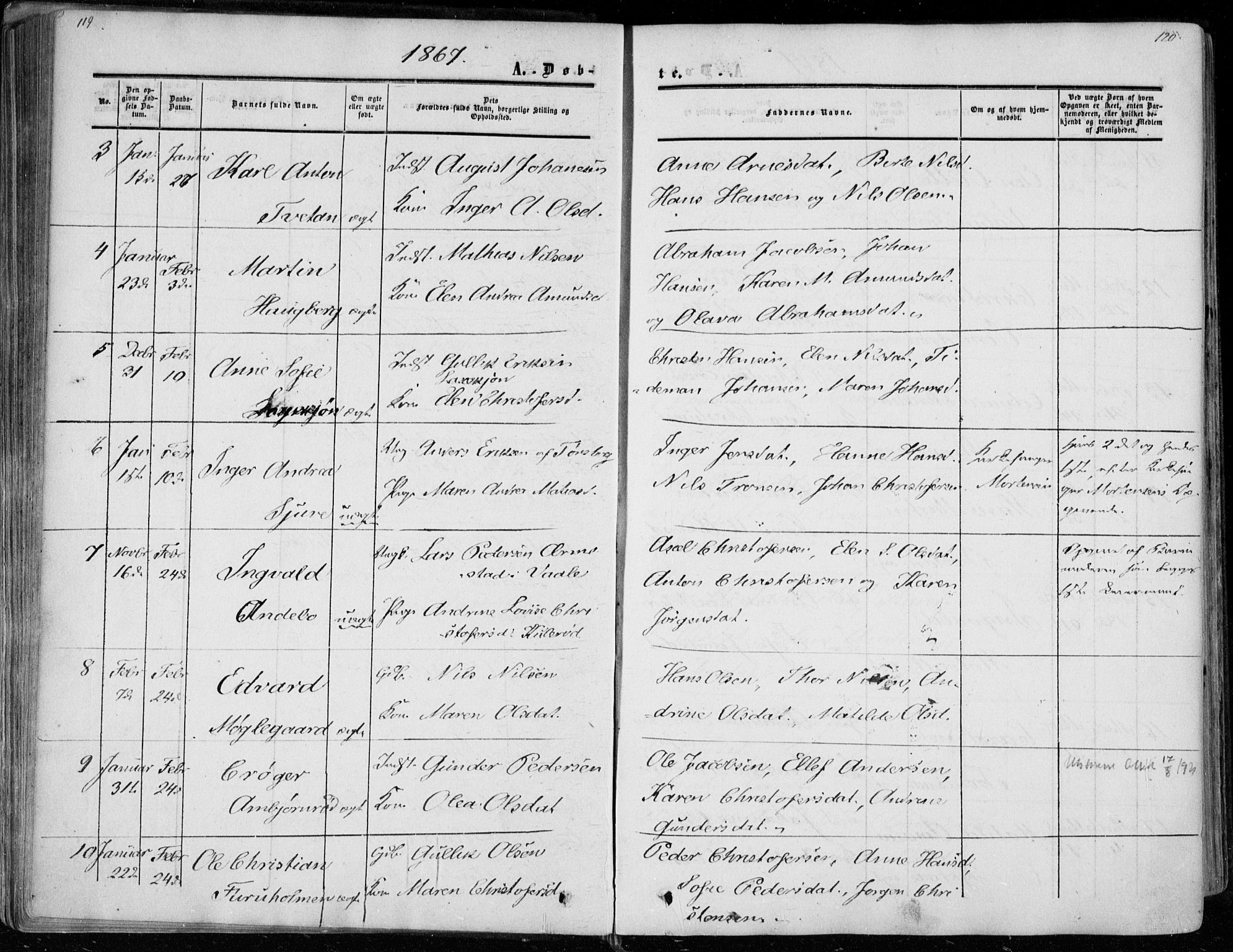 Andebu kirkebøker, AV/SAKO-A-336/F/Fa/L0005: Parish register (official) no. I 5, 1857-1870, p. 119-120