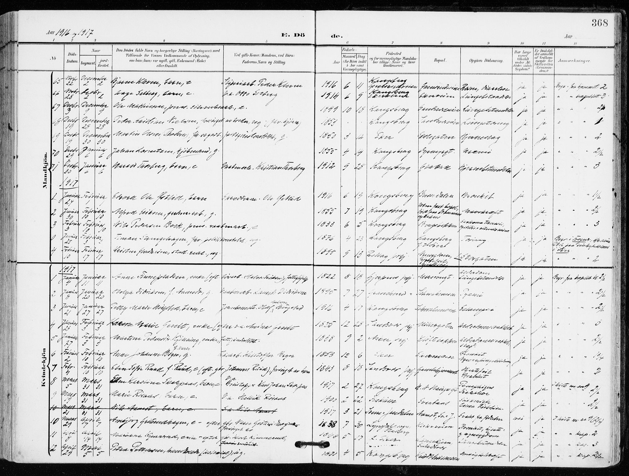 Kongsberg kirkebøker, AV/SAKO-A-22/F/Fb/L0004: Parish register (official) no. II 4, 1906-1918, p. 368