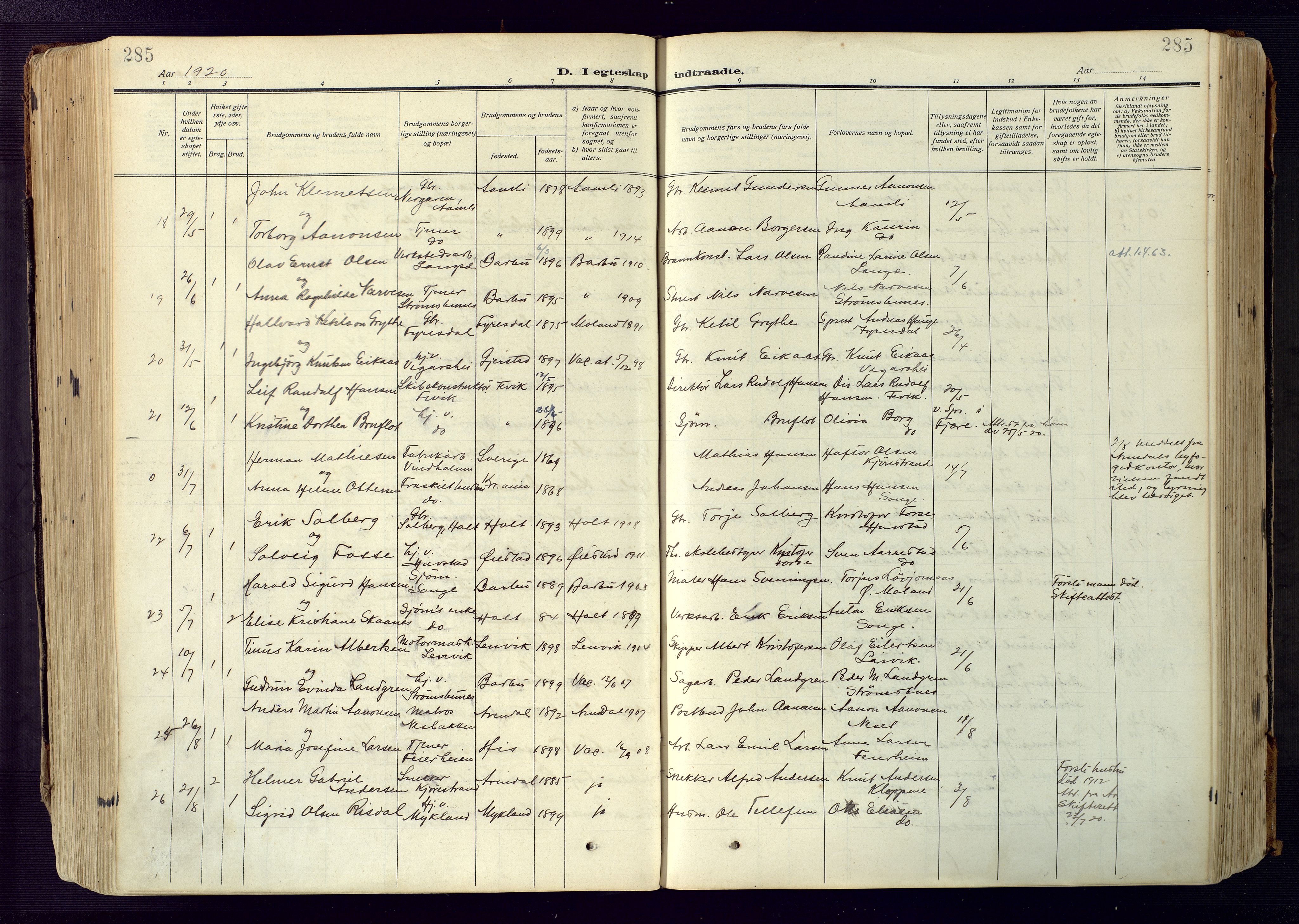 Barbu sokneprestkontor, AV/SAK-1111-0003/F/Fa/L0006: Parish register (official) no. A 6, 1910-1929, p. 285