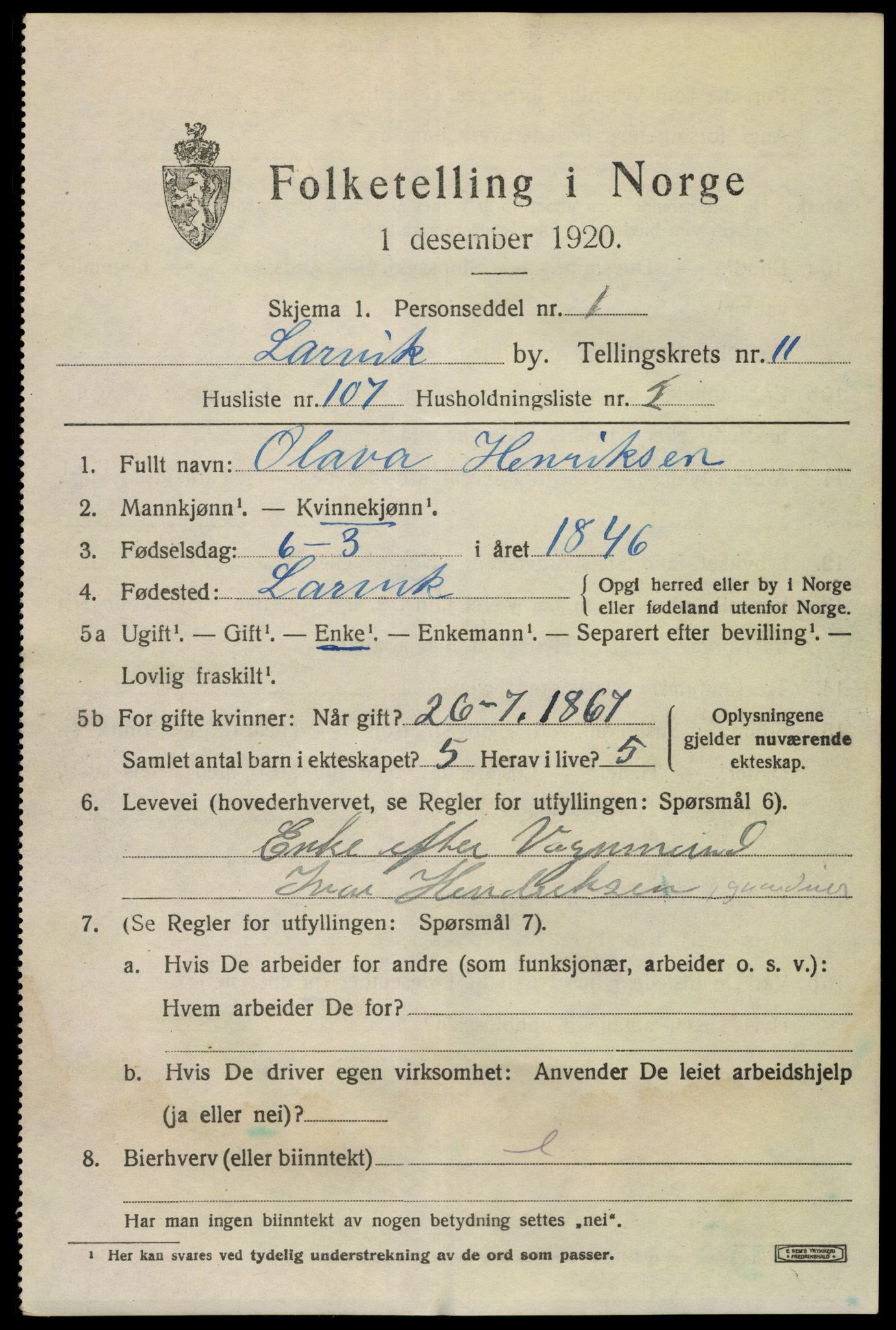 SAKO, 1920 census for Larvik, 1920, p. 30526