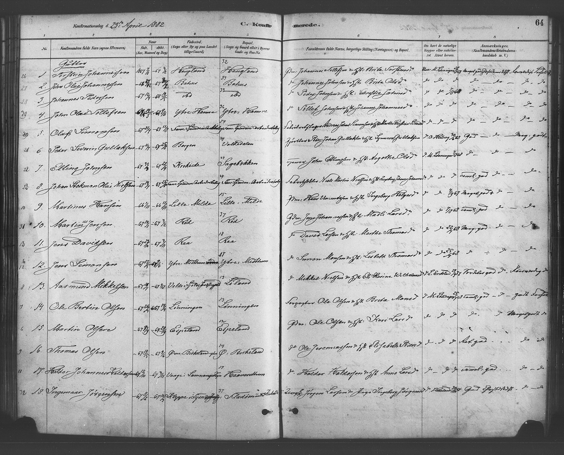 Fana Sokneprestembete, SAB/A-75101/H/Haa/Haab/L0001: Parish register (official) no. B 1, 1878-1889, p. 64