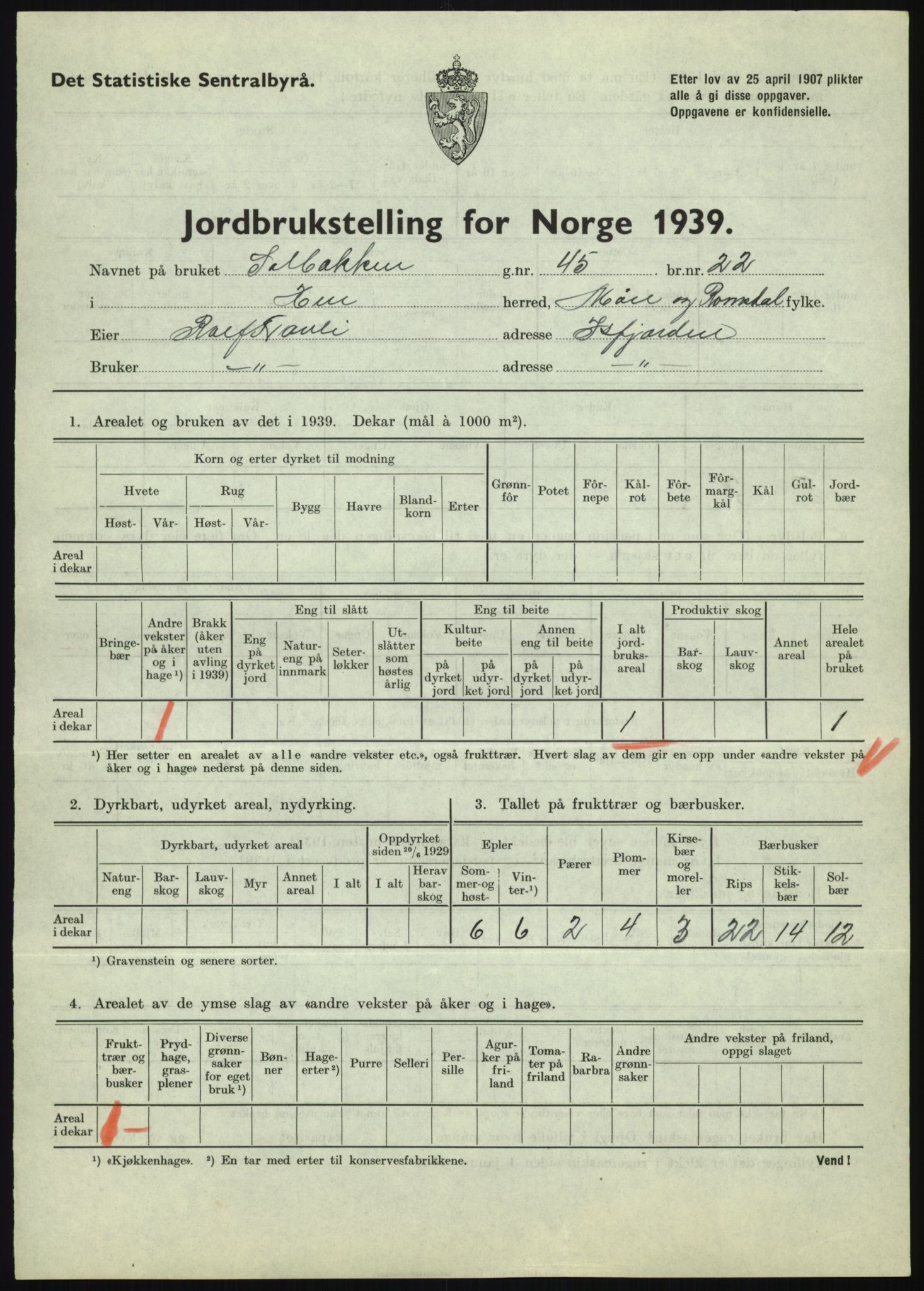 Statistisk sentralbyrå, Næringsøkonomiske emner, Jordbruk, skogbruk, jakt, fiske og fangst, AV/RA-S-2234/G/Gb/L0251: Møre og Romsdal: Voll, Eid, Grytten og Hen, 1939, p. 1037