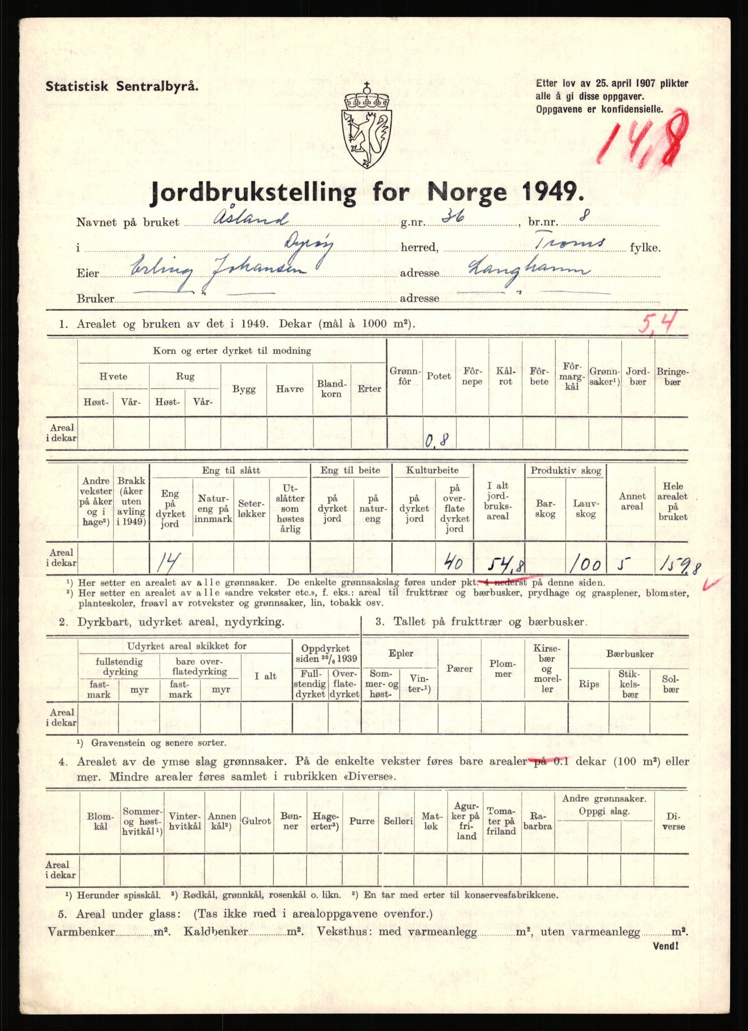 Statistisk sentralbyrå, Næringsøkonomiske emner, Jordbruk, skogbruk, jakt, fiske og fangst, AV/RA-S-2234/G/Gc/L0440: Troms: Sørreisa og Dyrøy, 1949, p. 1594