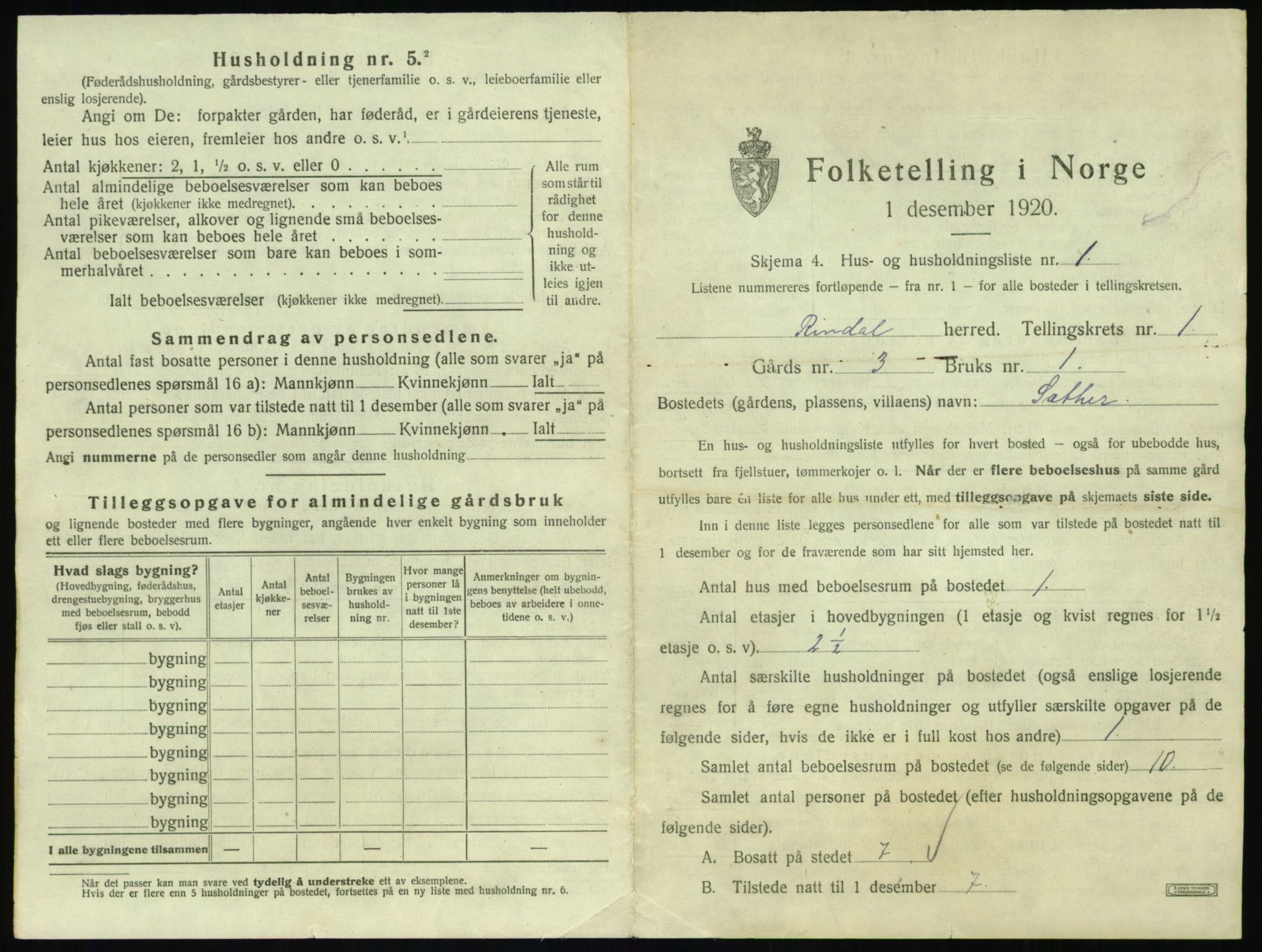 SAT, 1920 census for Rindal, 1920, p. 40