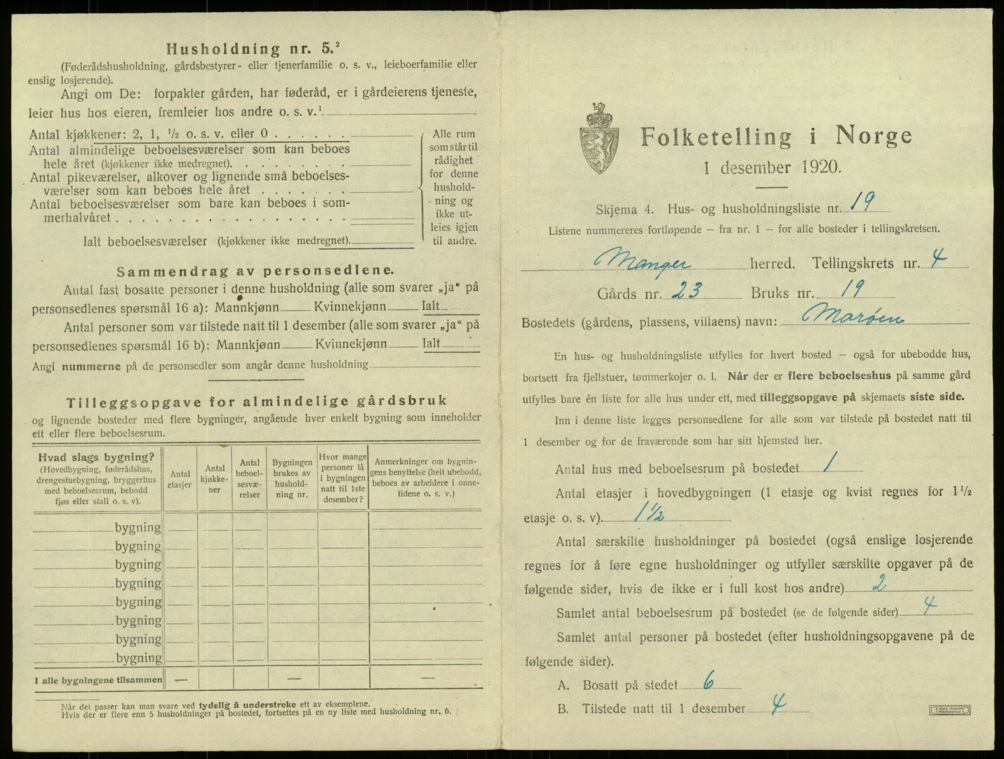 SAB, 1920 census for Manger, 1920, p. 335