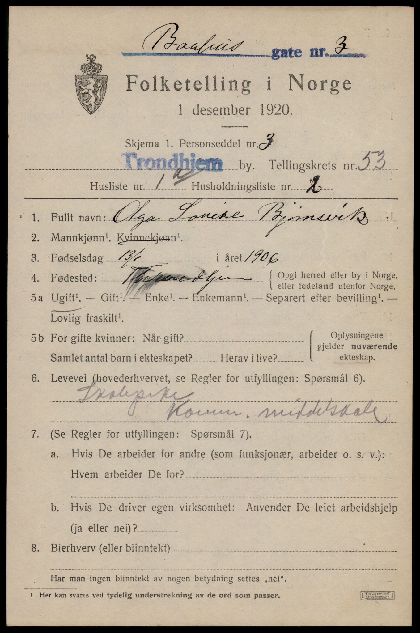 SAT, 1920 census for Trondheim, 1920, p. 107982