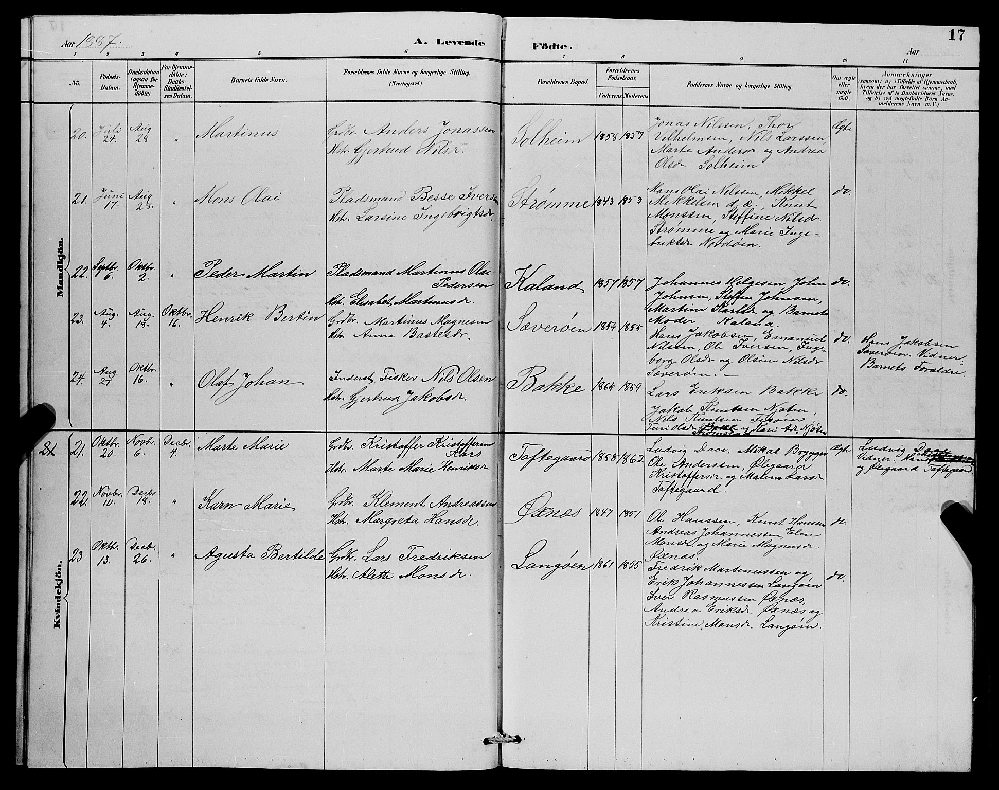 Lindås Sokneprestembete, AV/SAB-A-76701/H/Hab/Habc/L0003: Parish register (copy) no. C 3, 1886-1893, p. 17