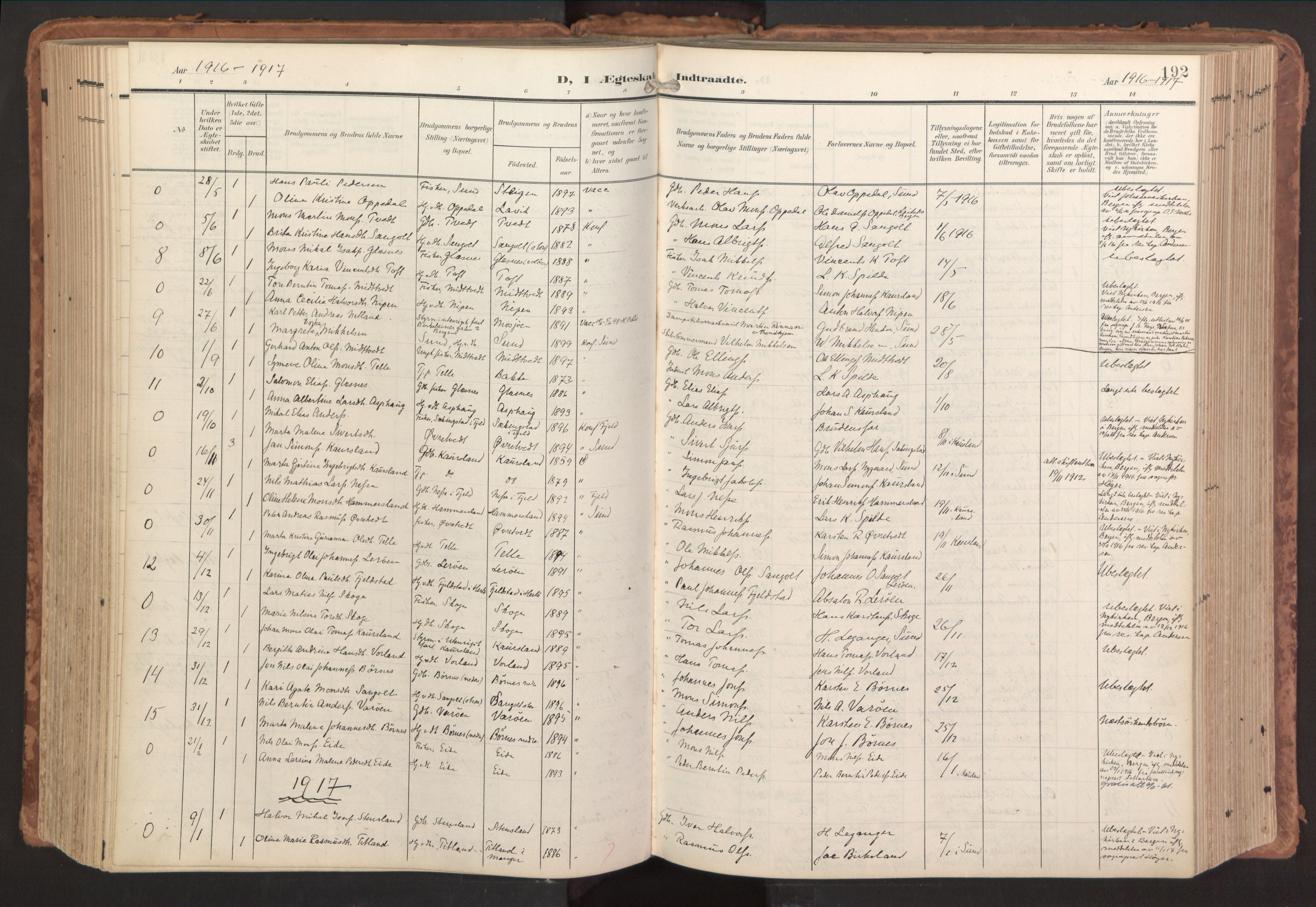 Sund sokneprestembete, SAB/A-99930: Parish register (official) no. B 2, 1907-1926, p. 192