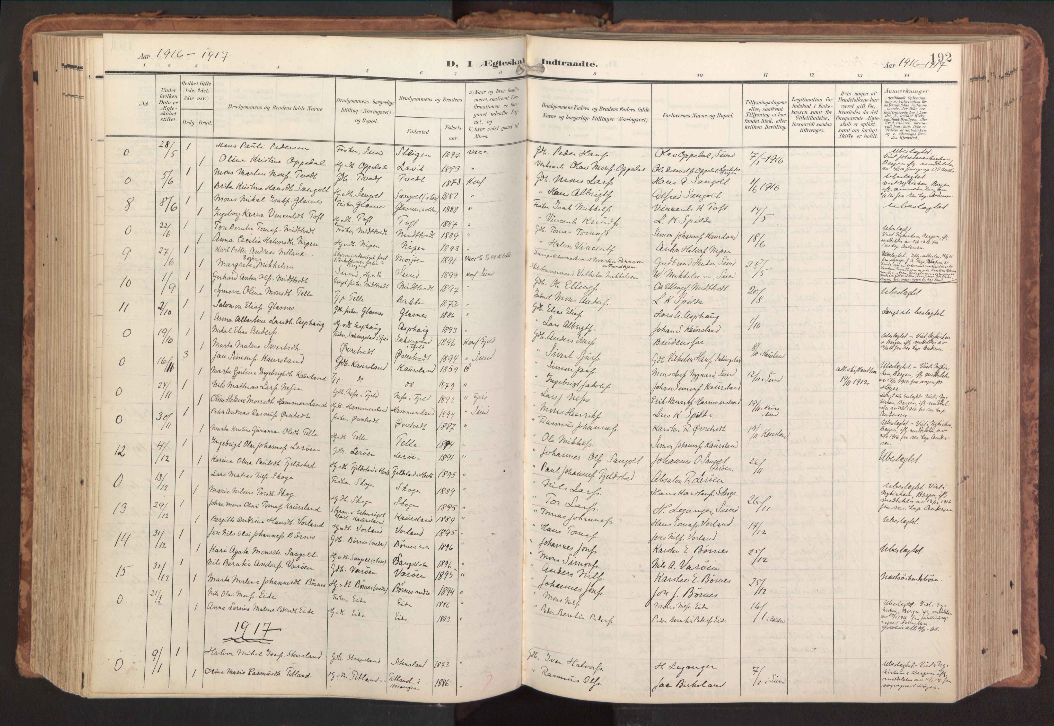 Sund sokneprestembete, AV/SAB-A-99930: Parish register (official) no. B 2, 1907-1926, p. 192