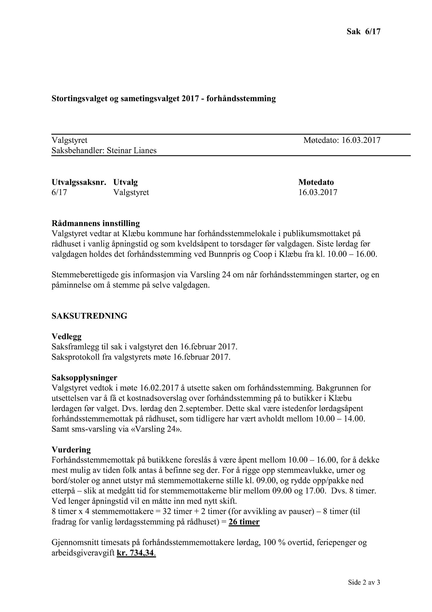 Klæbu Kommune, TRKO/KK/10-VS/L003: Valgnemnda - Møtedokumenter, 2017, p. 19