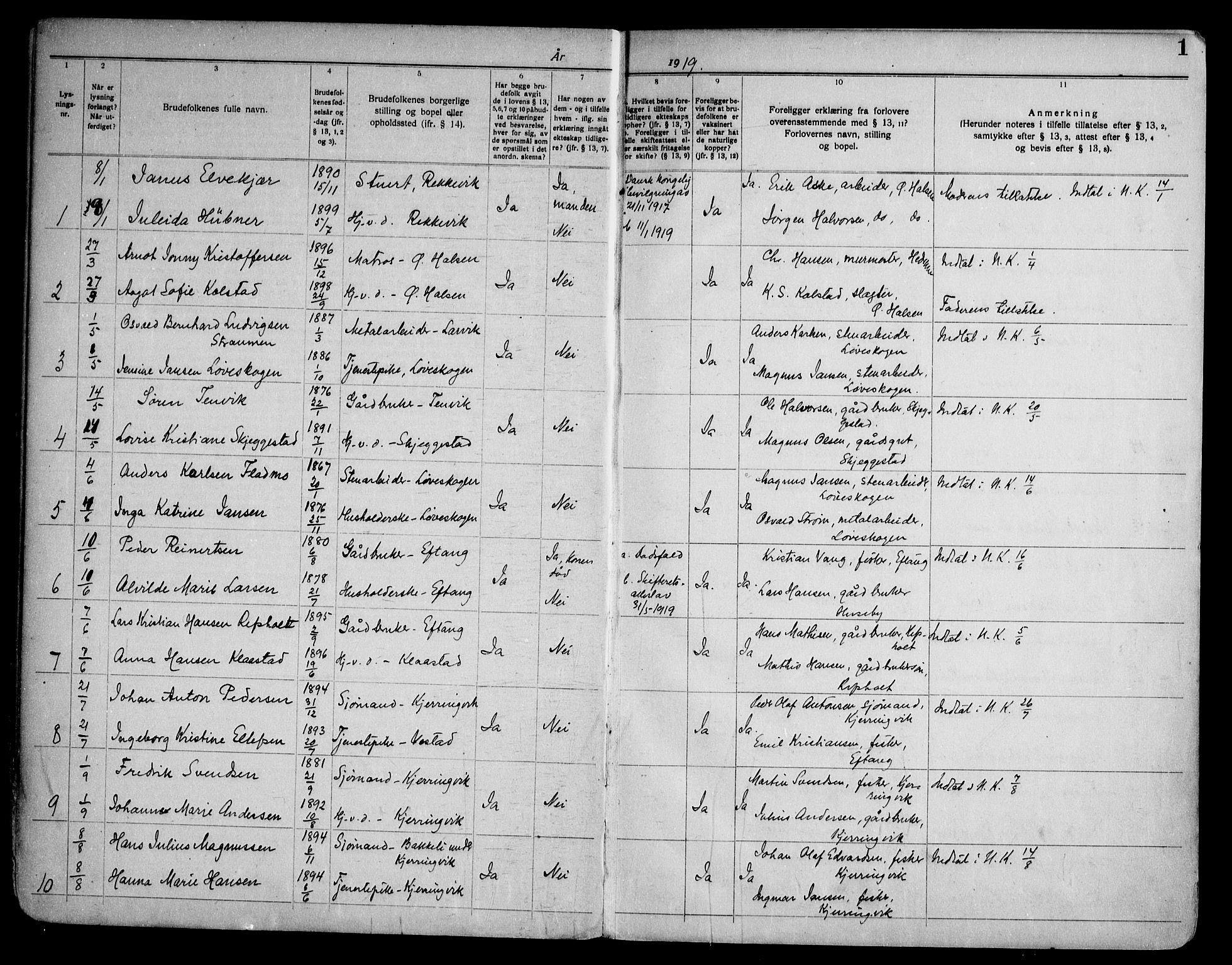 Tjølling kirkebøker, SAKO/A-60/H/Ha/L0001: Banns register no. 1, 1919-1950, p. 1