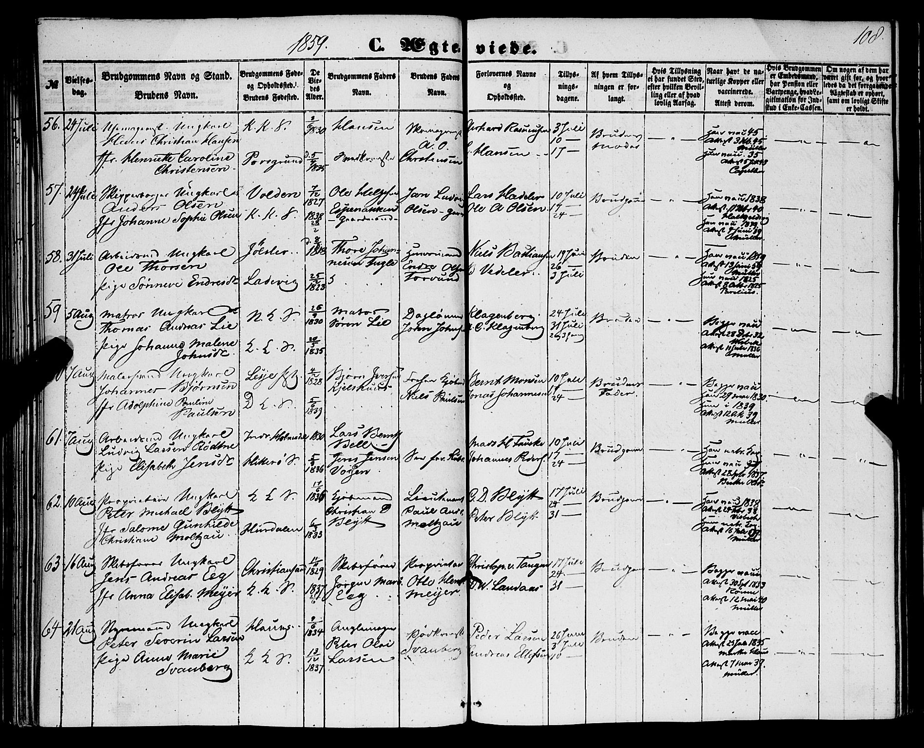 Korskirken sokneprestembete, AV/SAB-A-76101/H/Haa/L0035: Parish register (official) no. D 2, 1852-1867, p. 108