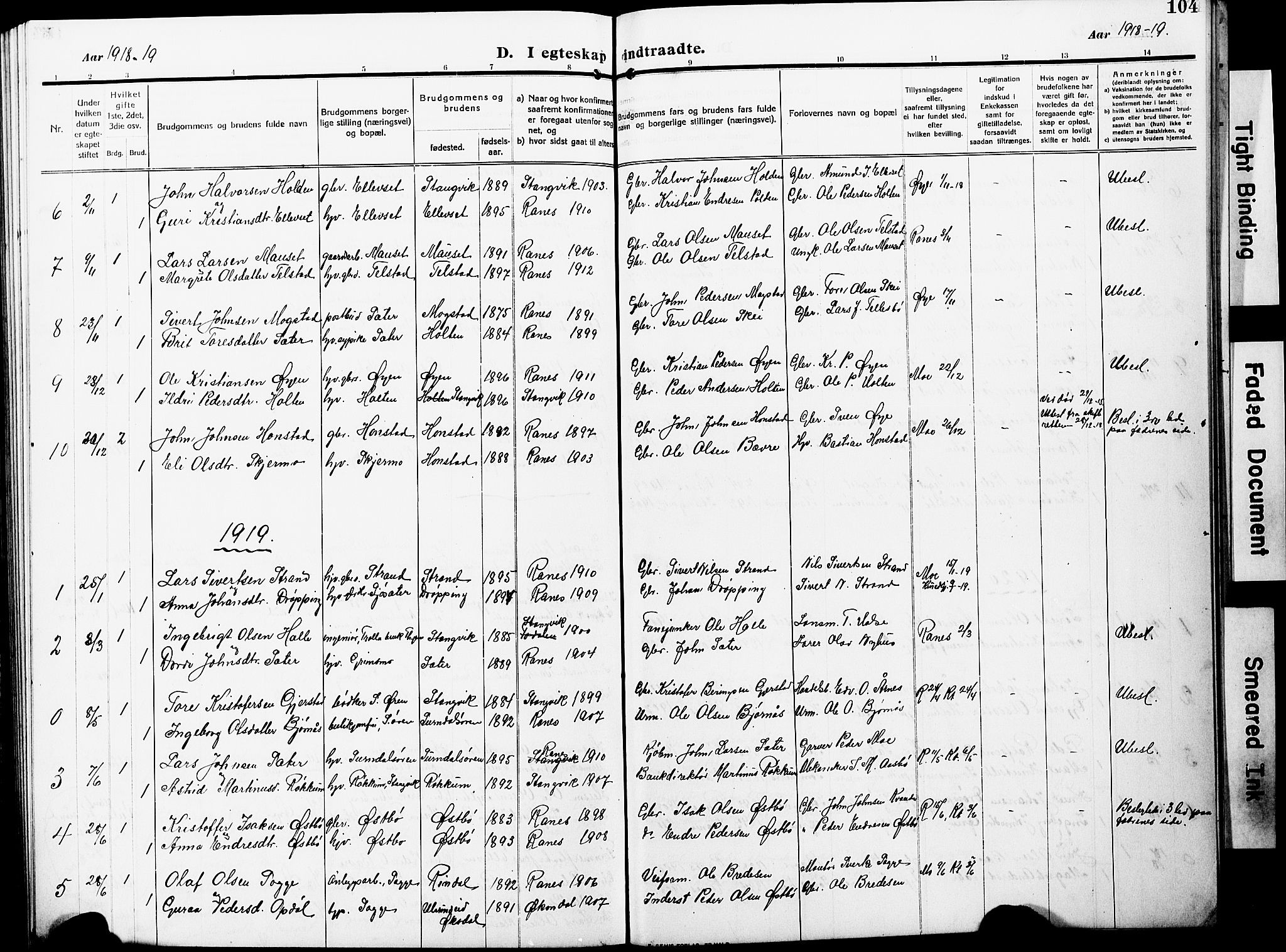 Ministerialprotokoller, klokkerbøker og fødselsregistre - Møre og Romsdal, SAT/A-1454/596/L1059: Parish register (copy) no. 596C02, 1908-1922, p. 104