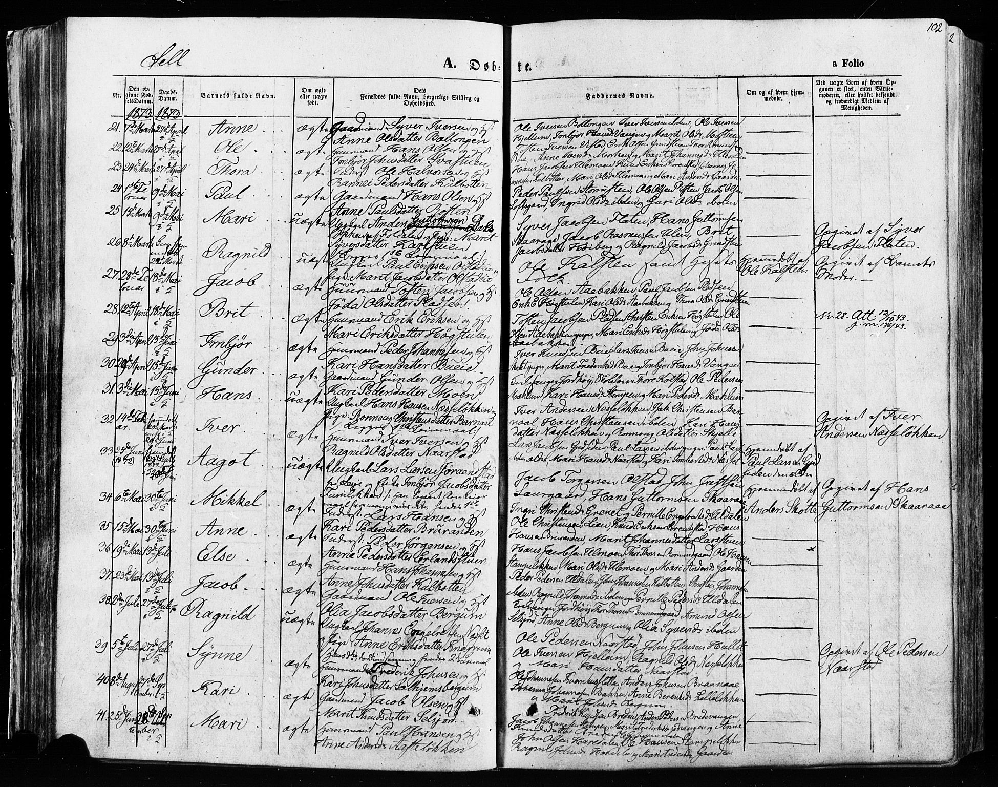Vågå prestekontor, AV/SAH-PREST-076/H/Ha/Haa/L0007: Parish register (official) no. 7 /3, 1872-1886, p. 102