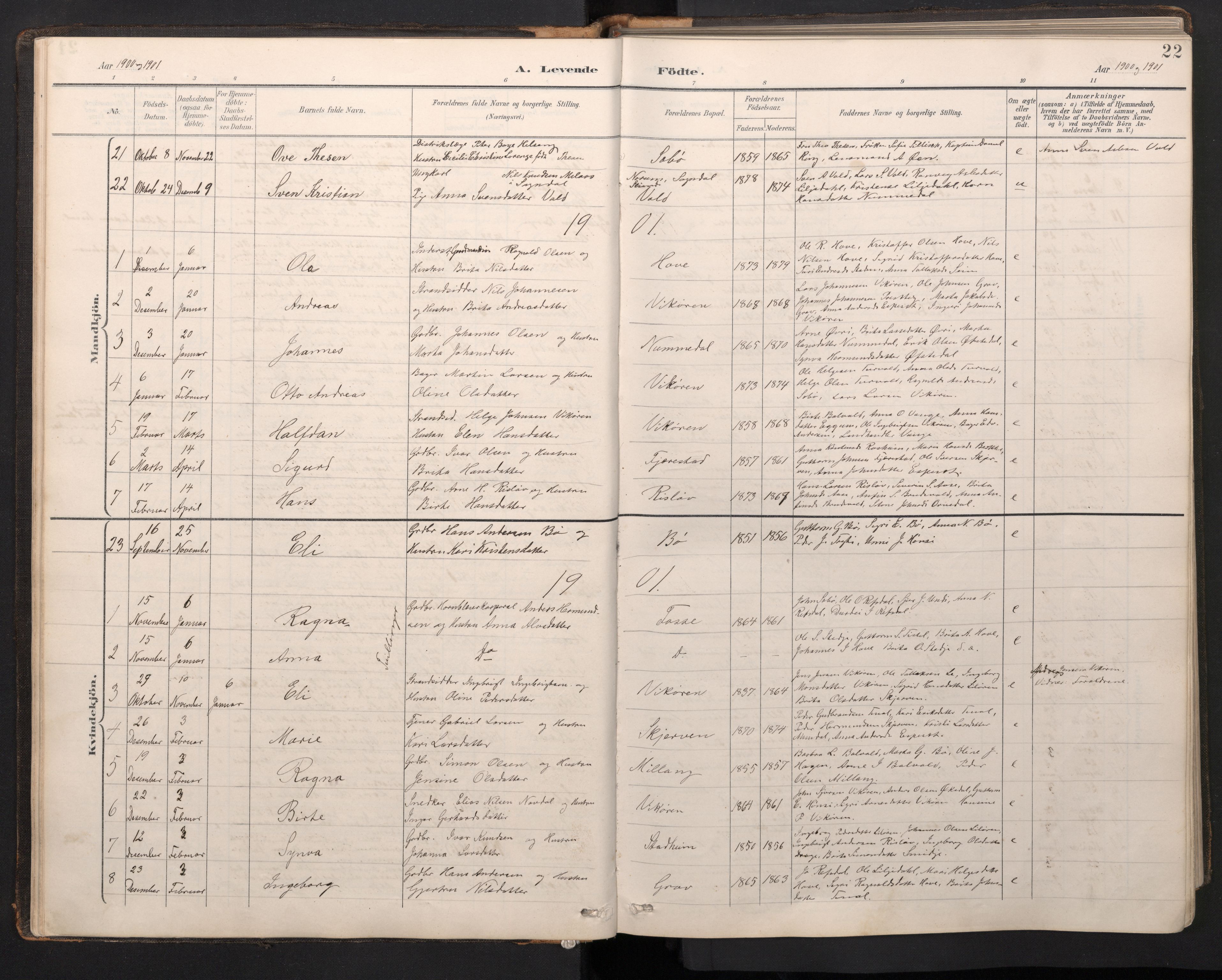 Vik sokneprestembete, AV/SAB-A-81501/H/Hab/Haba/L0004: Parish register (copy) no. A 4, 1895-1914, p. 21b-22a