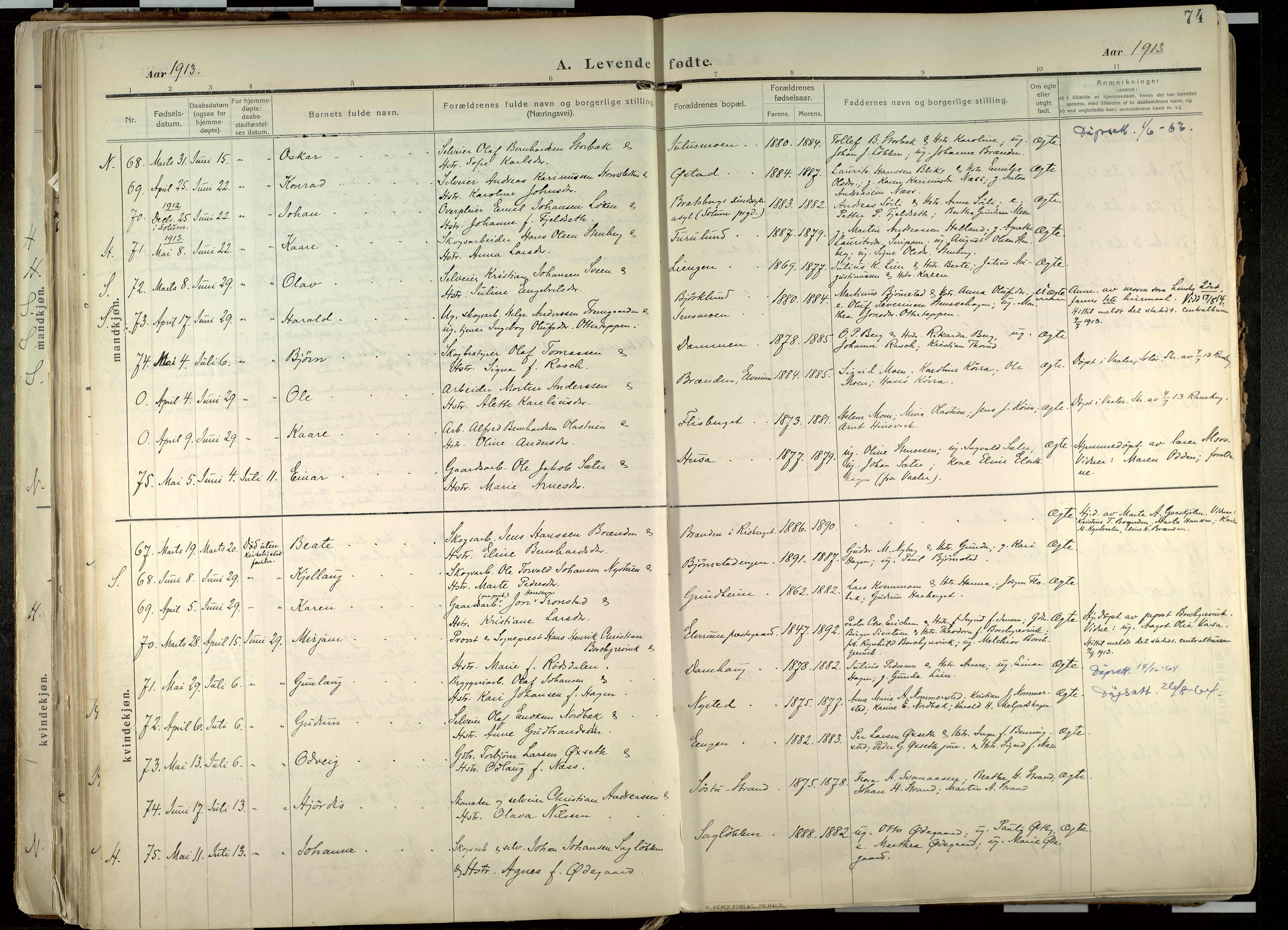Elverum prestekontor, SAH/PREST-044/H/Ha/Haa/L0020: Parish register (official) no. 20, 1909-1921, p. 74