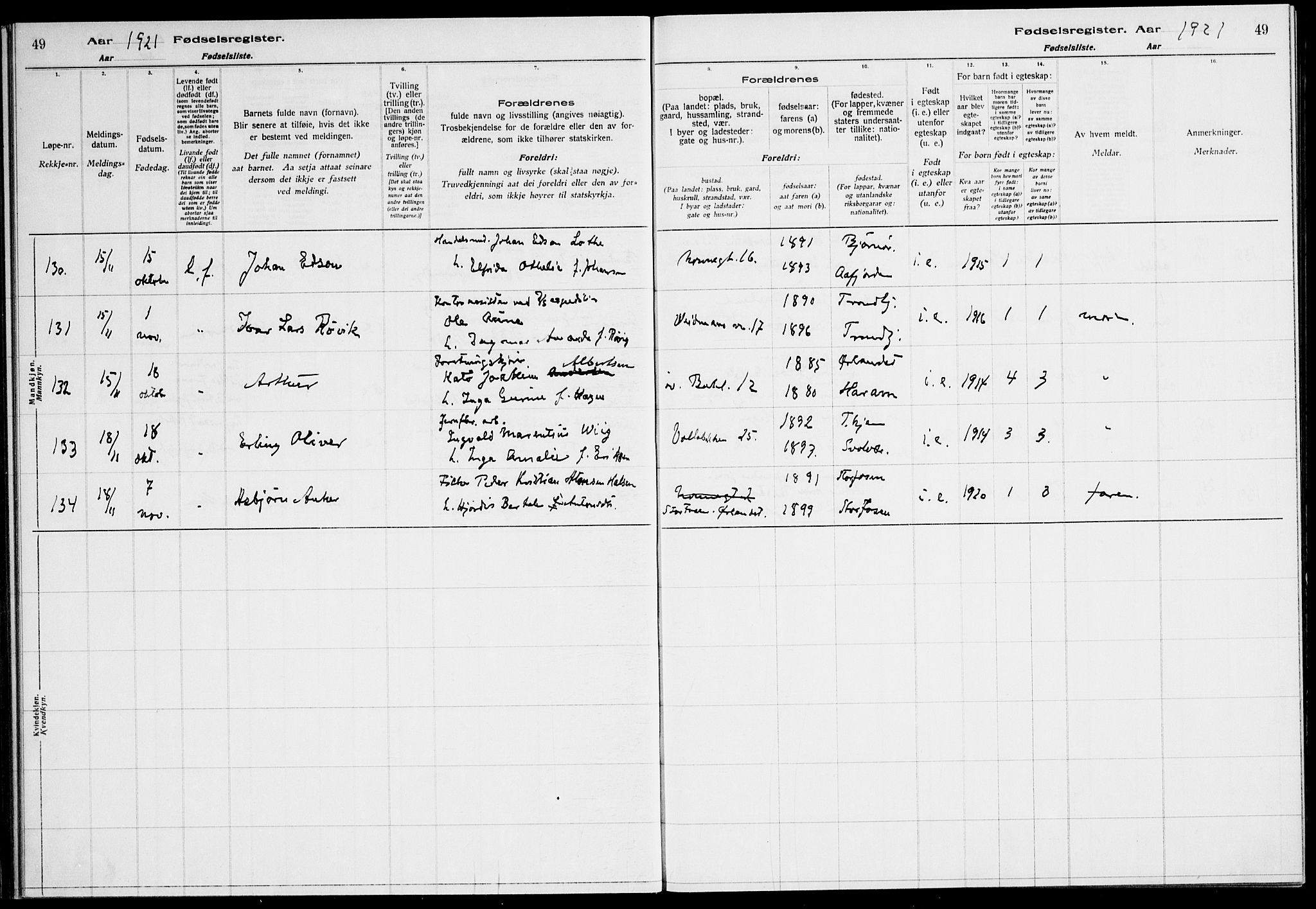 Ministerialprotokoller, klokkerbøker og fødselsregistre - Sør-Trøndelag, AV/SAT-A-1456/604/L0233: Birth register no. 604.II.4.2, 1920-1928, p. 49