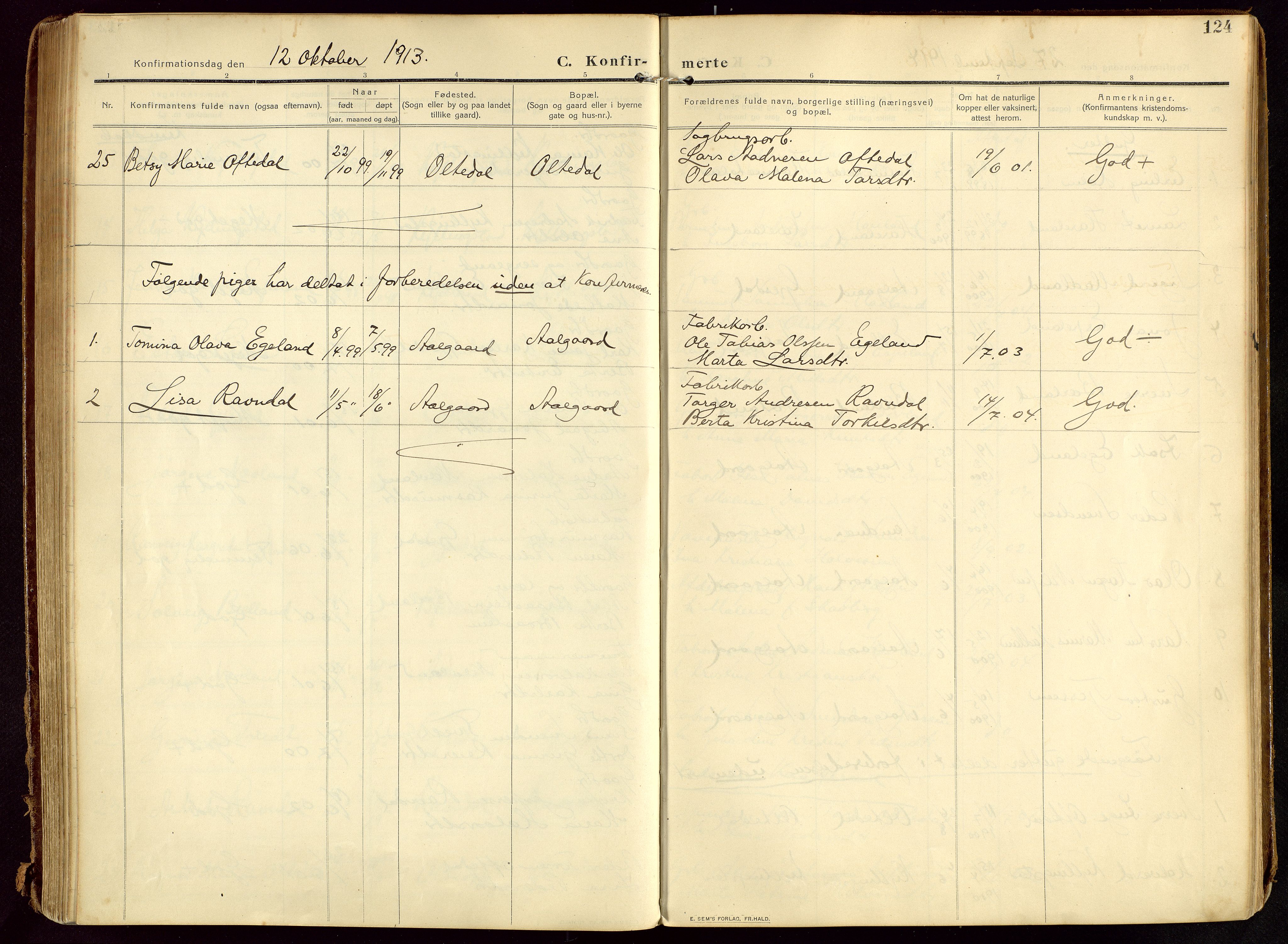 Lye sokneprestkontor, AV/SAST-A-101794/002/B/L0001: Parish register (official) no. A 13, 1910-1925, p. 124