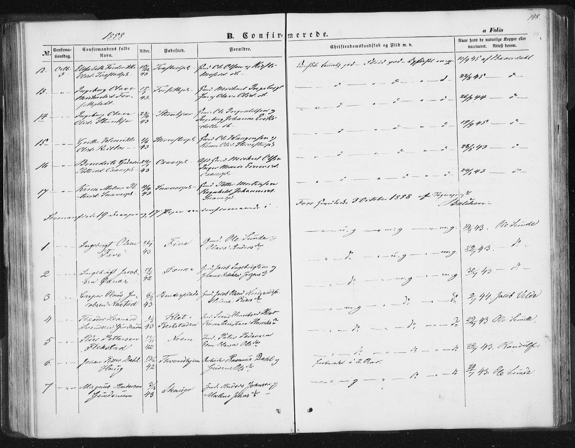 Ministerialprotokoller, klokkerbøker og fødselsregistre - Nord-Trøndelag, AV/SAT-A-1458/746/L0446: Parish register (official) no. 746A05, 1846-1859, p. 148