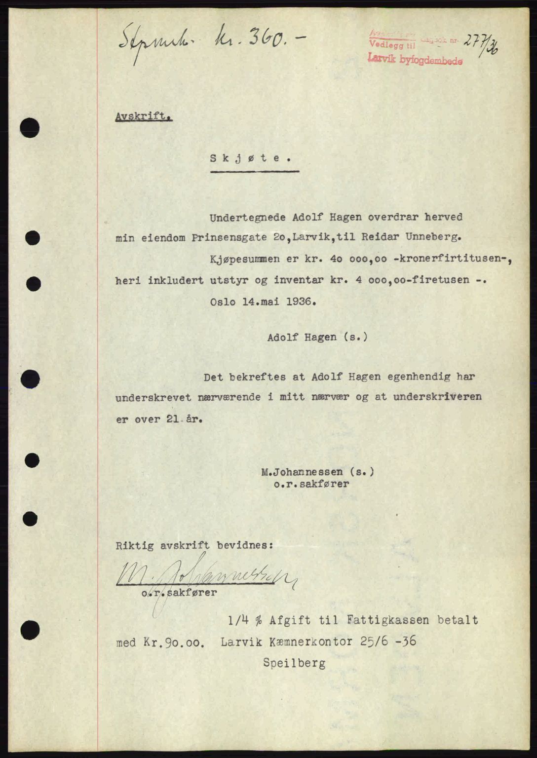 Larvik sorenskriveri, SAKO/A-83/G/Ga/Gab/L0067: Mortgage book no. A-1, 1936-1937, Diary no: : 277/1936