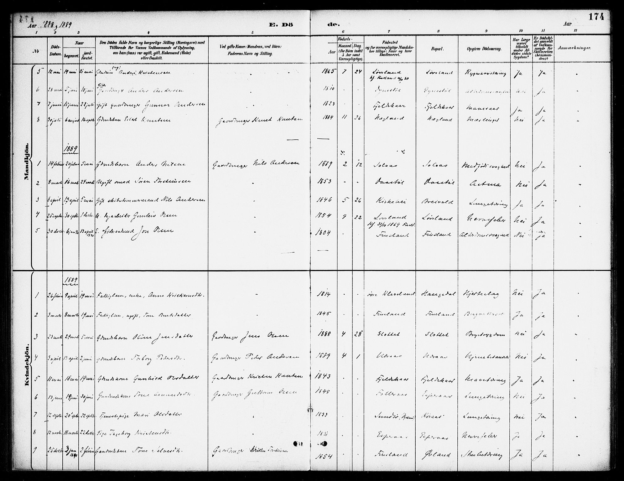 Bjelland sokneprestkontor, AV/SAK-1111-0005/F/Fa/Fab/L0004: Parish register (official) no. A 4, 1887-1920, p. 174