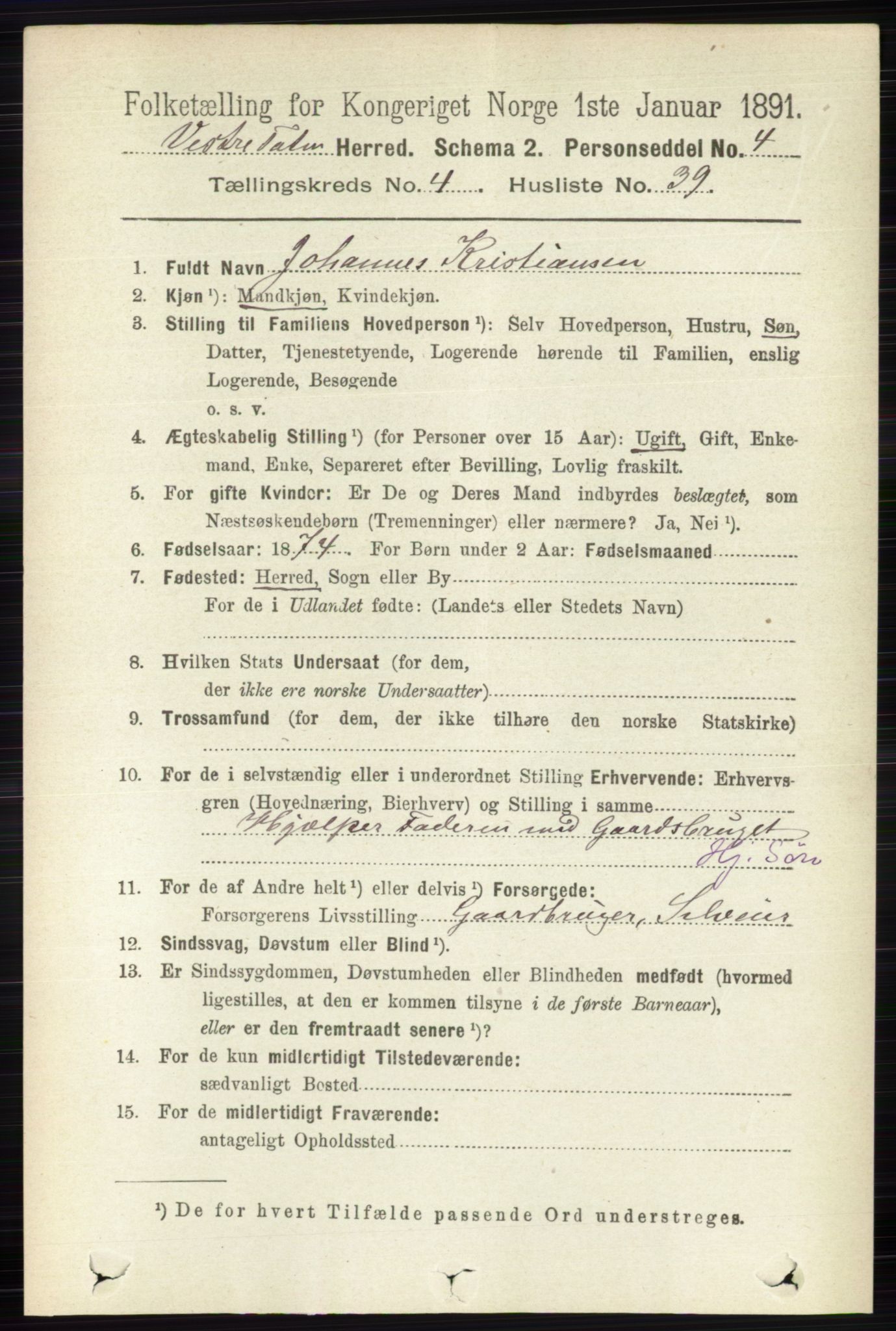 RA, 1891 census for 0529 Vestre Toten, 1891, p. 2928