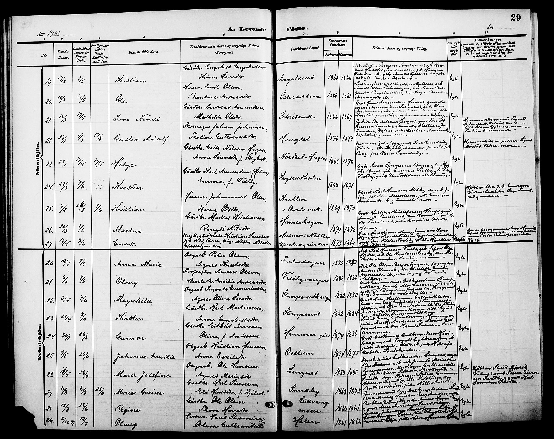 Sør-Odal prestekontor, SAH/PREST-030/H/Ha/Hab/L0005: Parish register (copy) no. 5, 1903-1915, p. 29