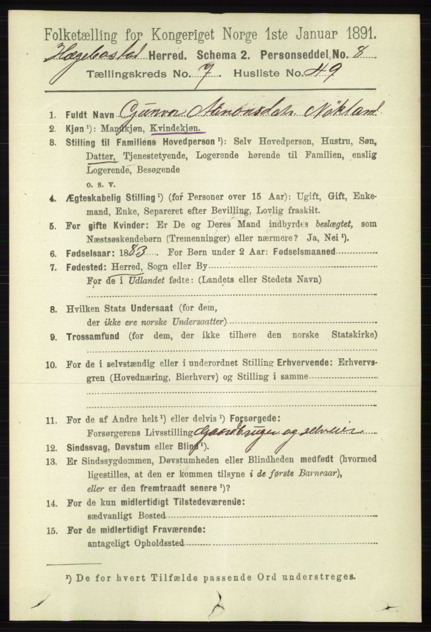 RA, 1891 census for 1034 Hægebostad, 1891, p. 2411