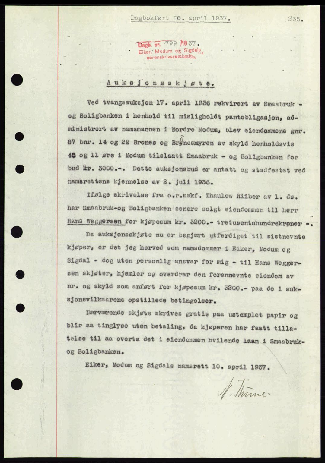 Eiker, Modum og Sigdal sorenskriveri, SAKO/A-123/G/Ga/Gab/L0035: Mortgage book no. A5, 1937-1937, Diary no: : 799/1937