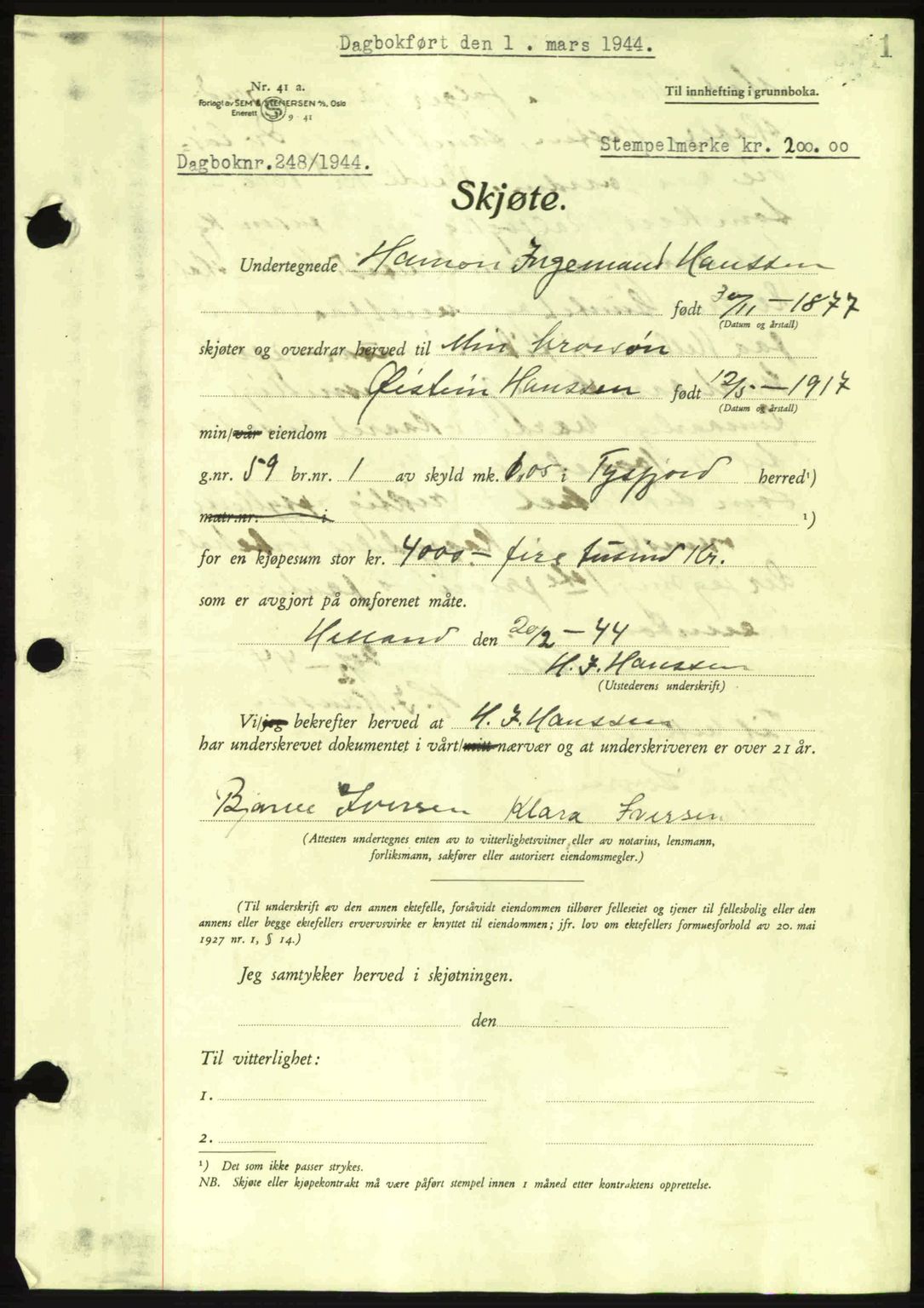 Steigen og Ofoten sorenskriveri, AV/SAT-A-0030/1/2/2C: Mortgage book no. A11, 1944-1945, Diary no: : 248/1944