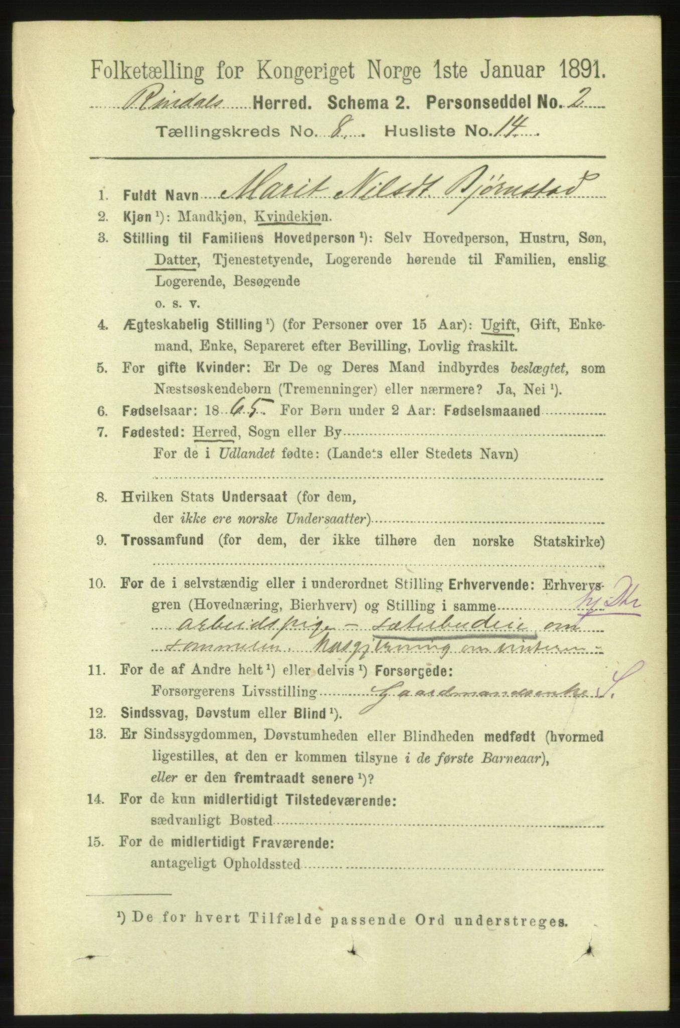 RA, 1891 census for 1567 Rindal, 1891, p. 2571