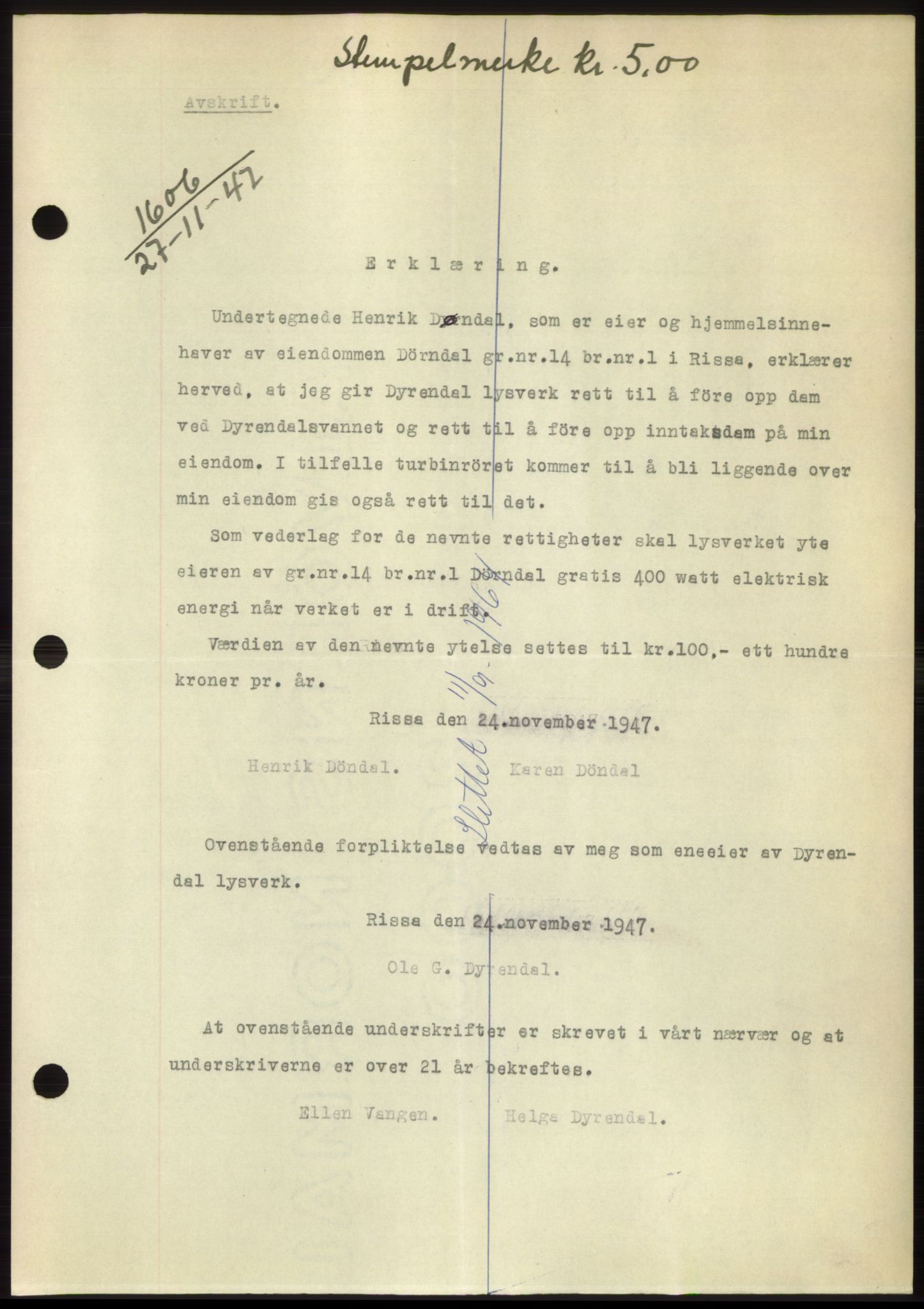 Fosen sorenskriveri, AV/SAT-A-1107/1/2/2C: Mortgage book no. B, 1946-1948, Diary no: : 1606/1947