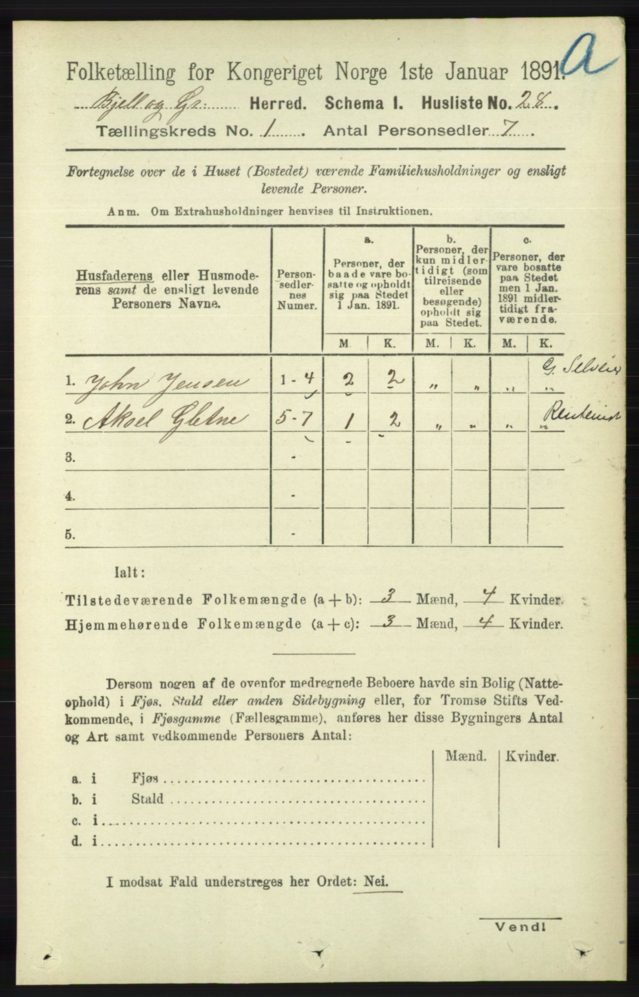 RA, 1891 census for 1024 Bjelland og Grindheim, 1891, p. 50