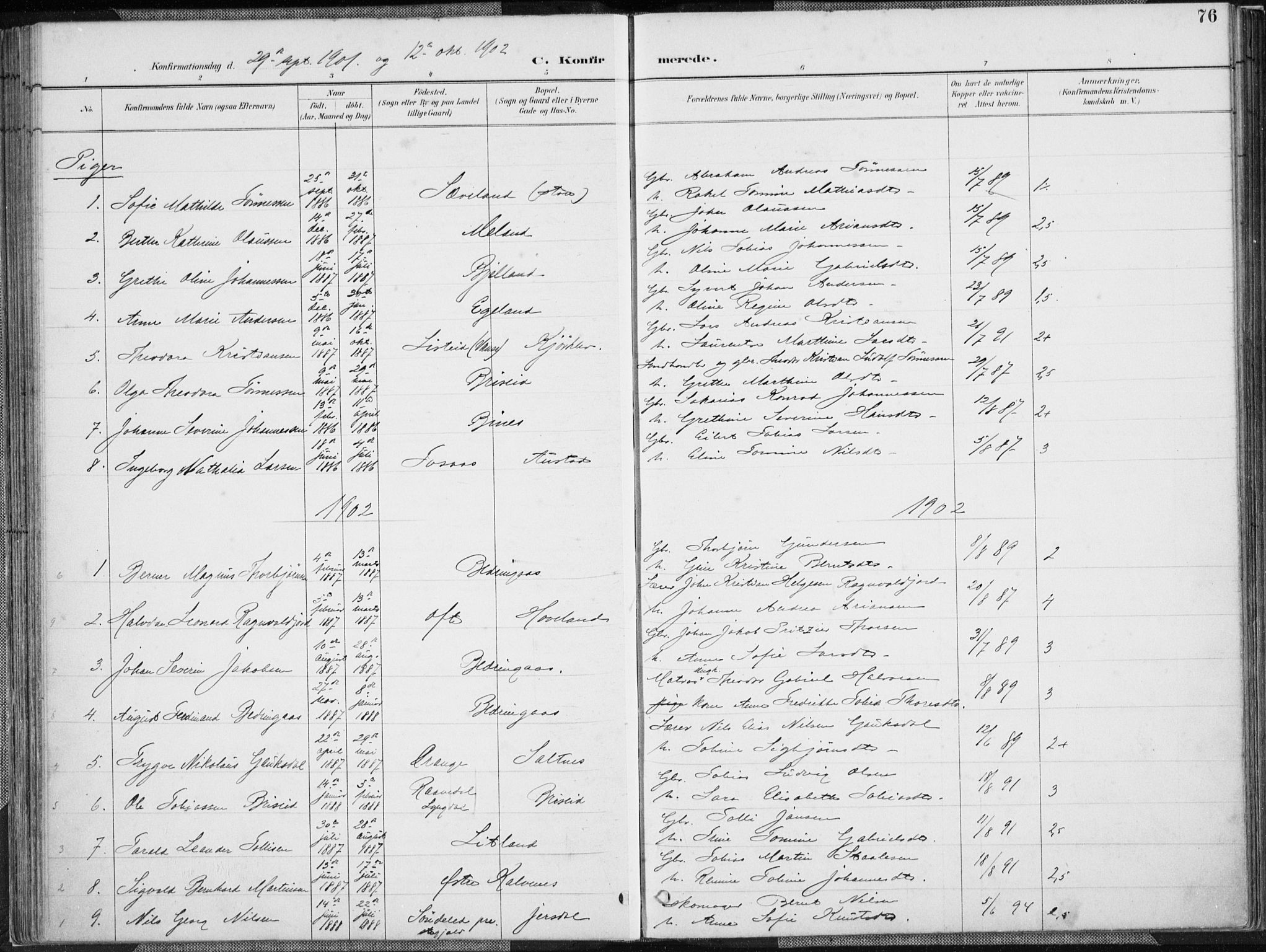 Herad sokneprestkontor, SAK/1111-0018/F/Fa/Faa/L0006: Parish register (official) no. A 6, 1887-1907, p. 76