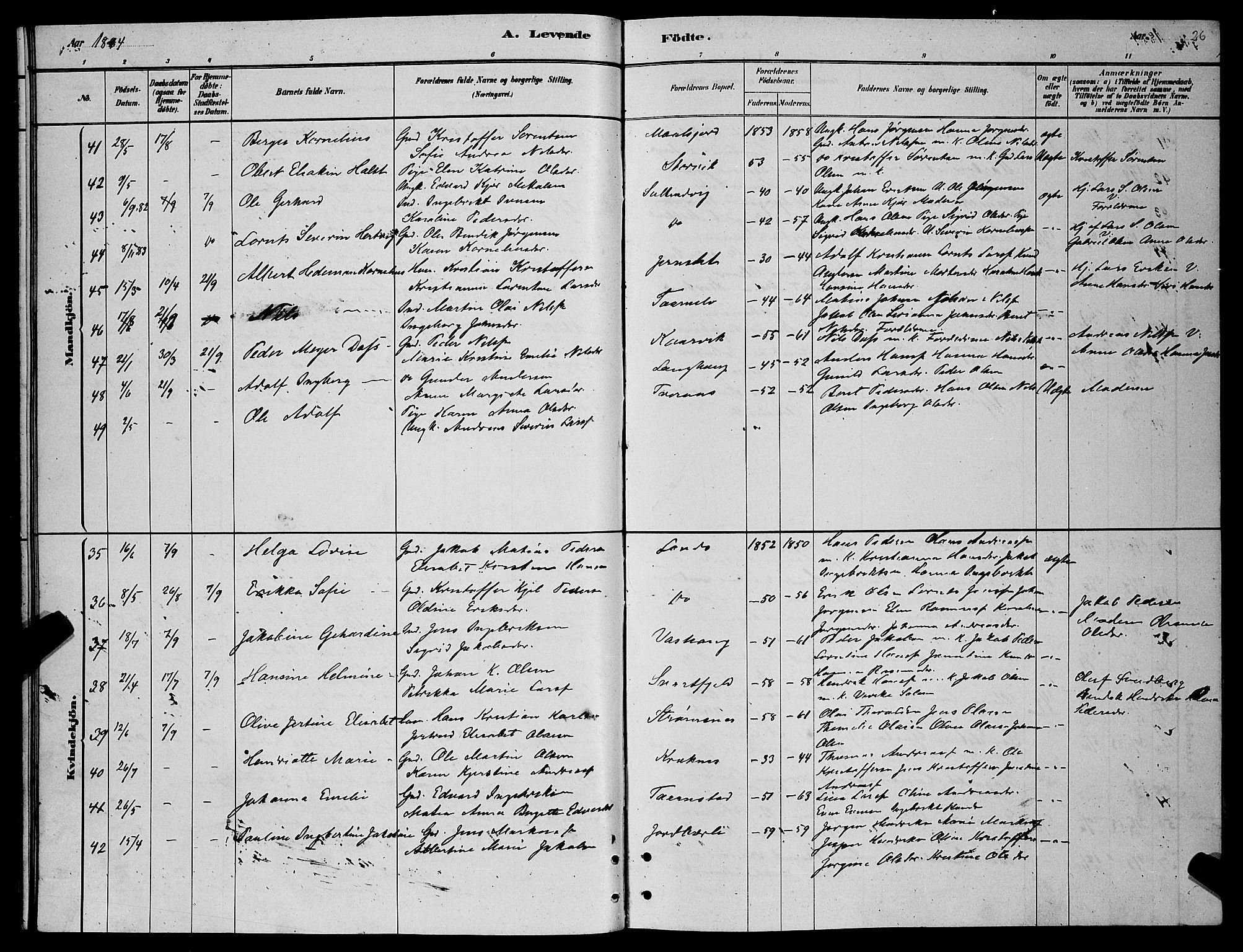 Lenvik sokneprestembete, SATØ/S-1310/H/Ha/Hab/L0006klokker: Parish register (copy) no. 6, 1881-1889, p. 26