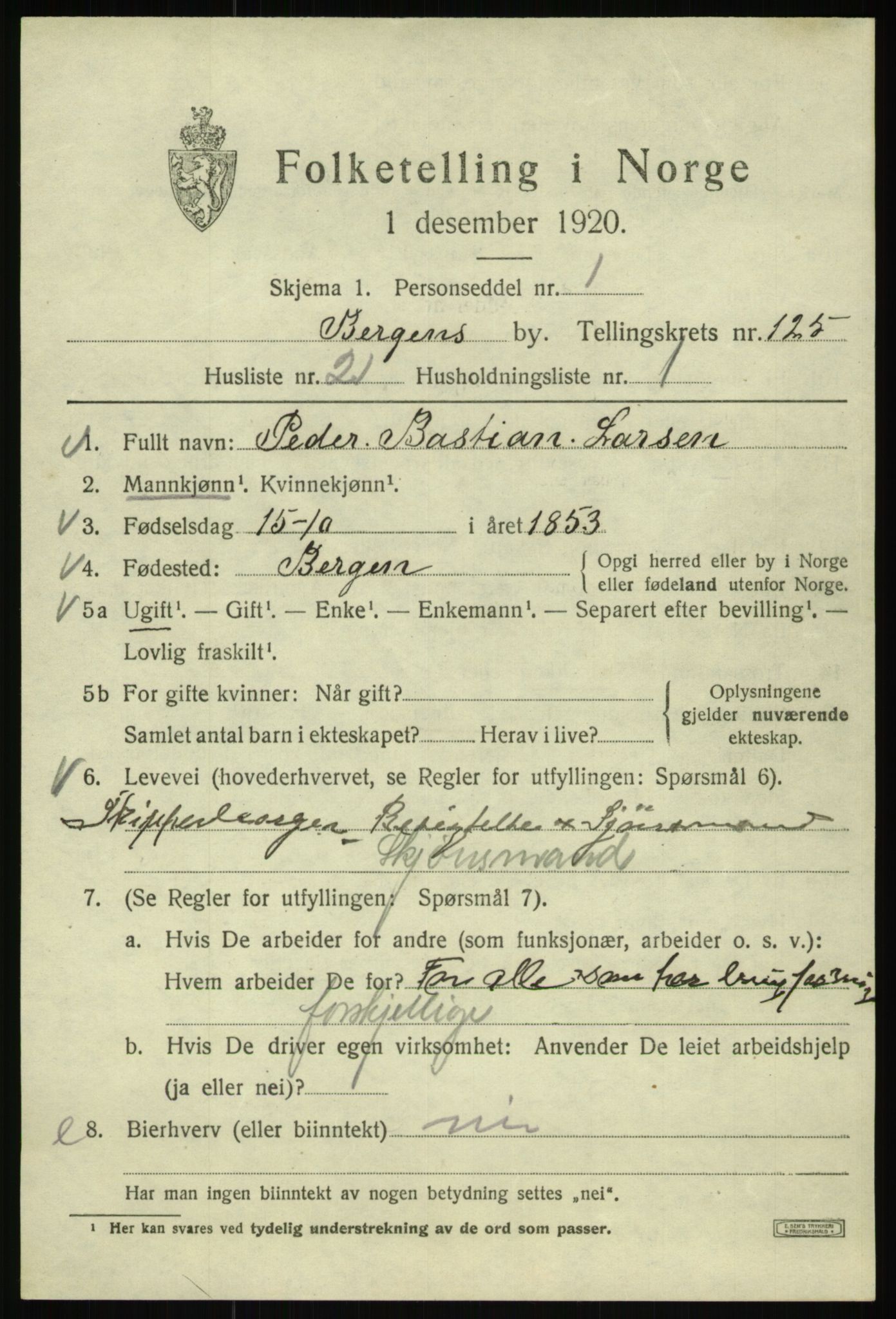 SAB, 1920 census for Bergen, 1920, p. 211414