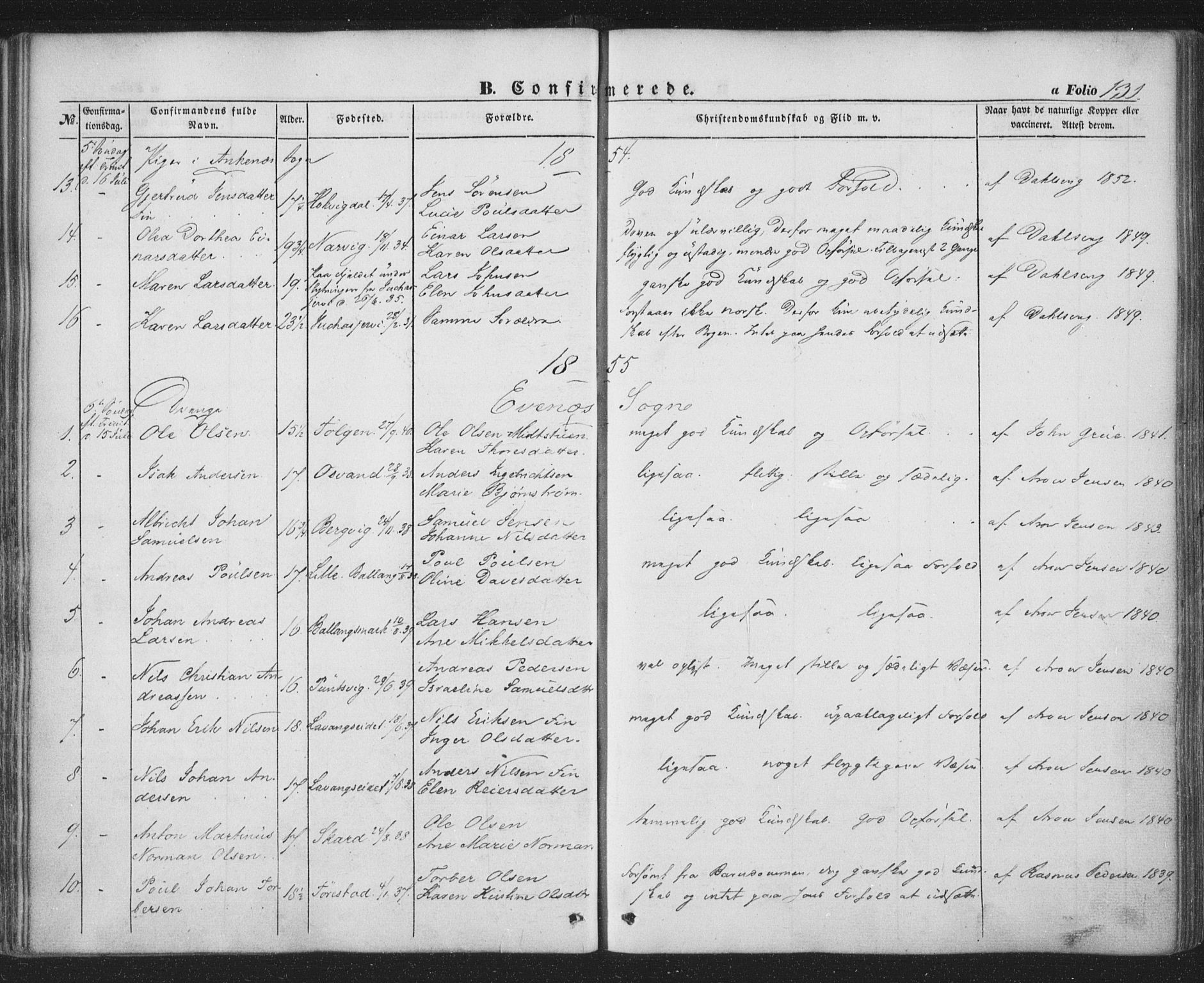 Ministerialprotokoller, klokkerbøker og fødselsregistre - Nordland, SAT/A-1459/863/L0895: Parish register (official) no. 863A07, 1851-1860, p. 131