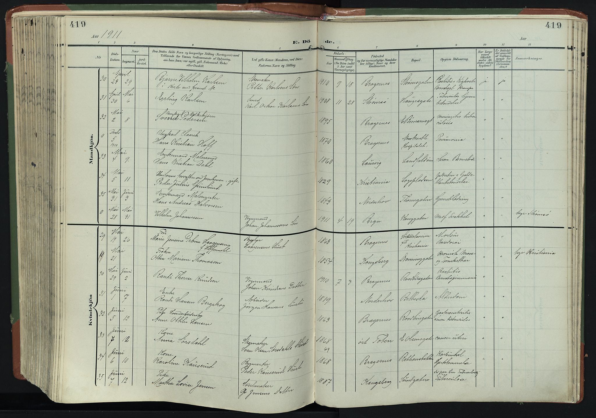 Bragernes kirkebøker, AV/SAKO-A-6/F/Fb/L0009: Parish register (official) no. II 9, 1902-1911, p. 419