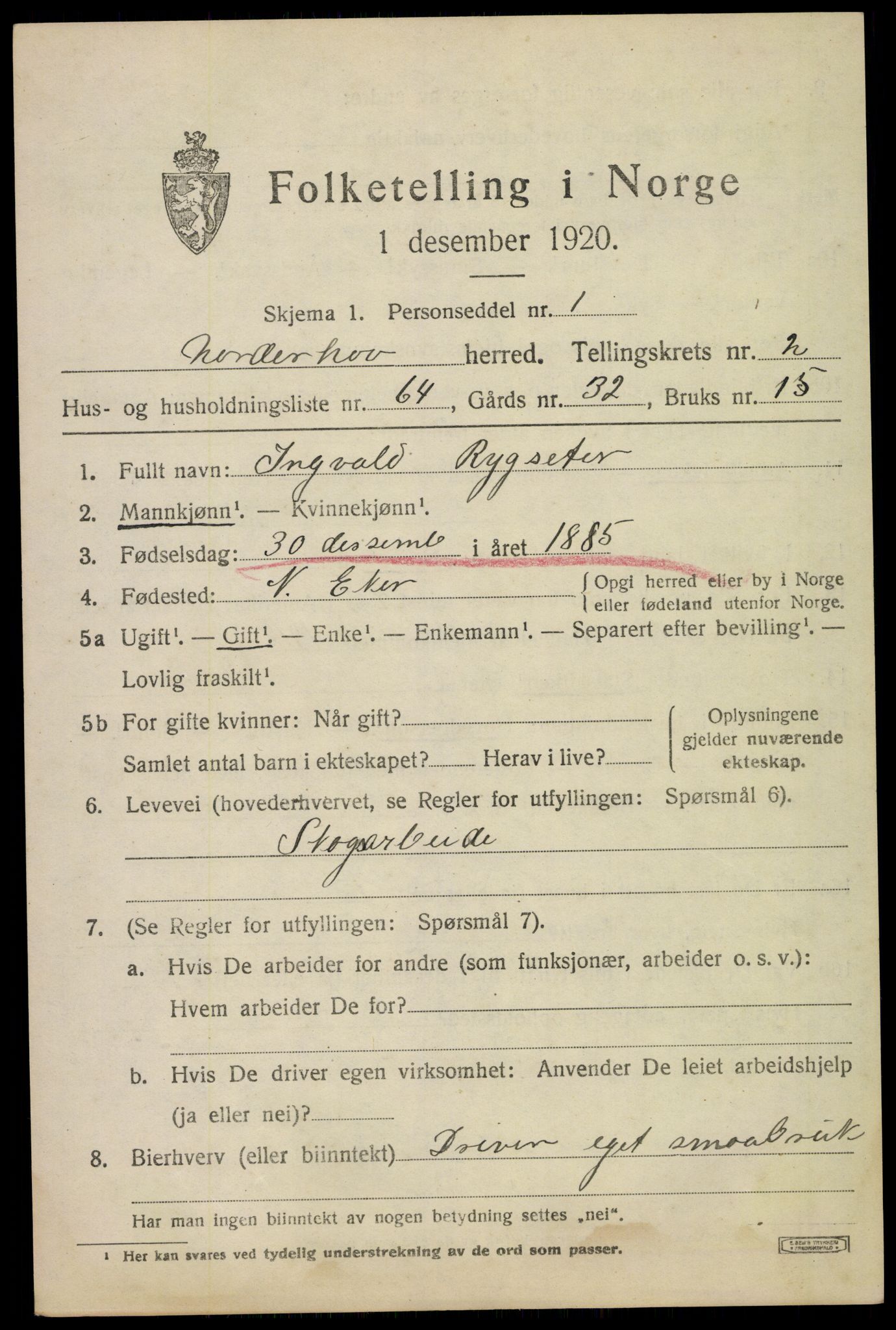 SAKO, 1920 census for Norderhov, 1920, p. 5222